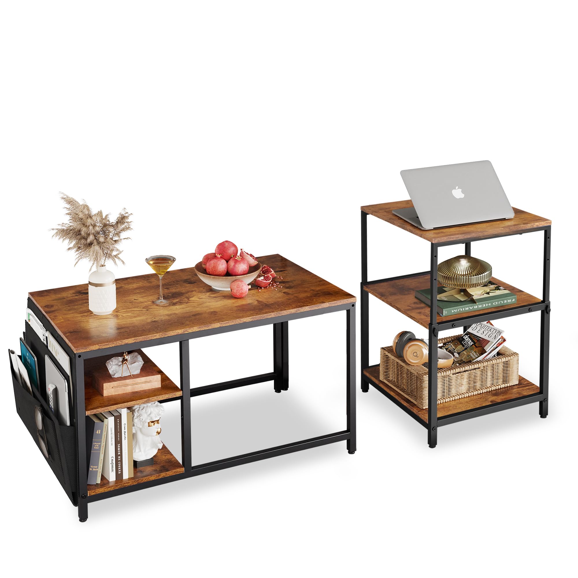 WLIVE Coffee Table for Living Room,Adjustable Coffee Table Set of 2 with End Table,Small Industrial Coffee Table with Side Table,Metal Frame and Wood Desktop,Rustic Brown