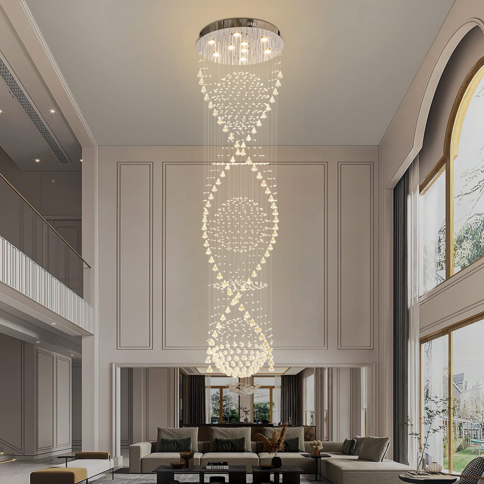 Crystal Chandelier Modern Spectacular Spiral Raindrop Luxury Flush Mount Long Chandelier Light Fixtures for Stair Foyer Entryway D25.5&apos;&apos; x H98.4&apos;&apos;