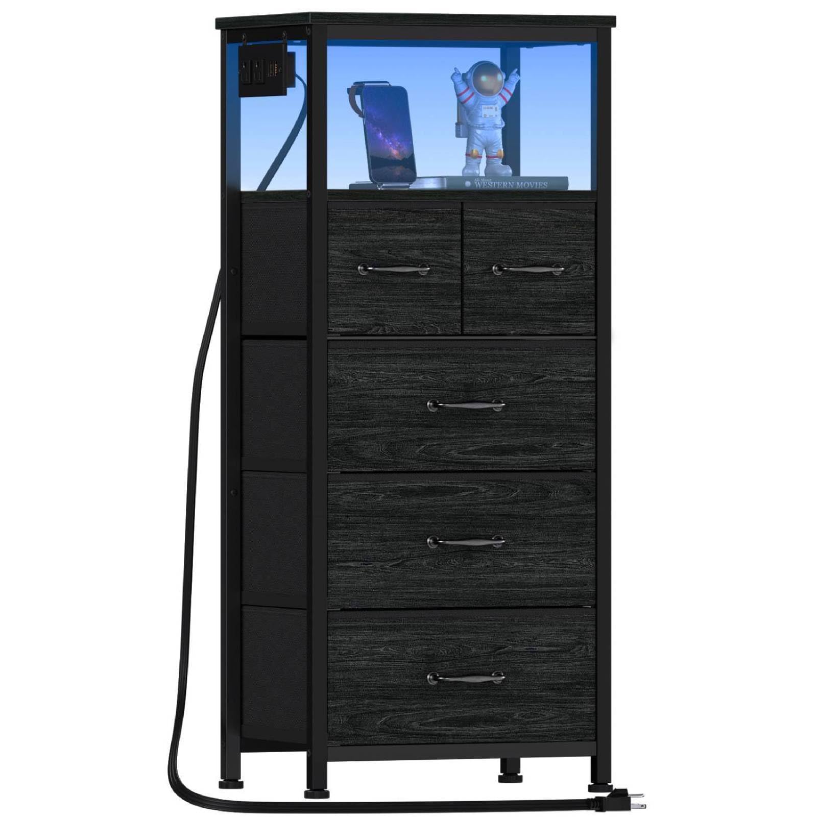 Furnulem Vertical Dresser with Charging Station and LED Lights, Black Chest of Drawers with Shelf and 5 Fabric Bins, Tall Nightstand for Entryway, Closet, Bedside Table, Wood Top, Bedroom Furniture