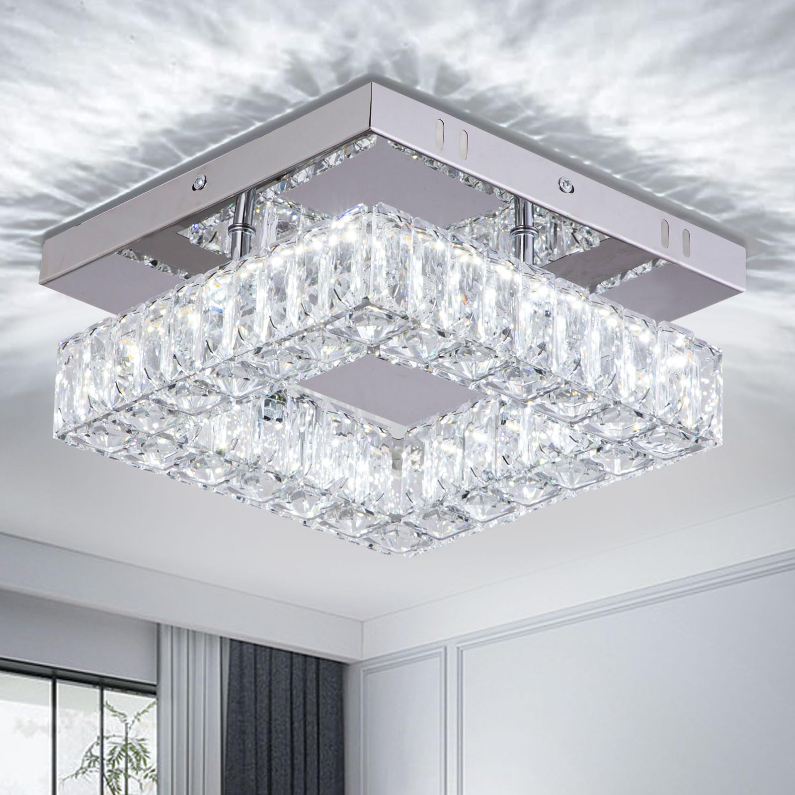 Mini Modern Crystal Chandeliers Square Flush Mount Ceiling Light LED Chandelier for Hallway Kitchen Foyer Dining Room,Dia 9.8&quot;, 18 W 6000K