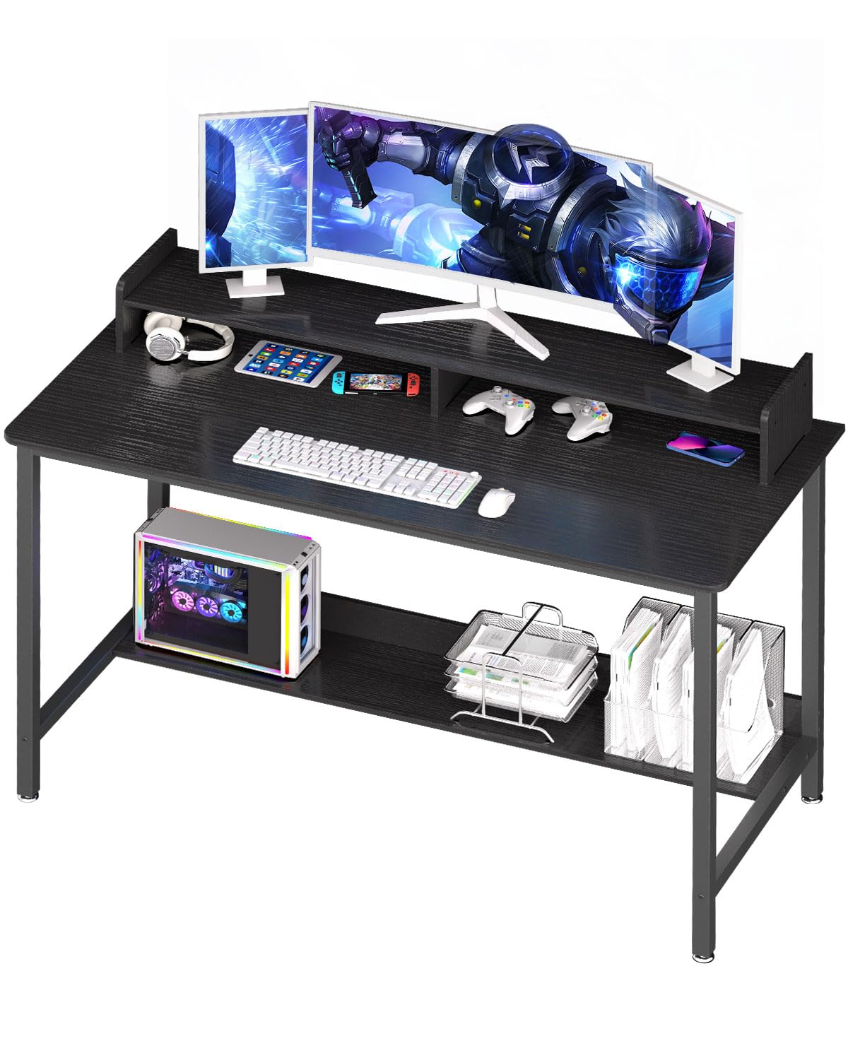 Computer Desk with Shelves, 32 Inch Gaming Writing Desk, Study PC Table Workstation with Storage for Home Office, Living Room, Bedroom, Metal Frame, Black