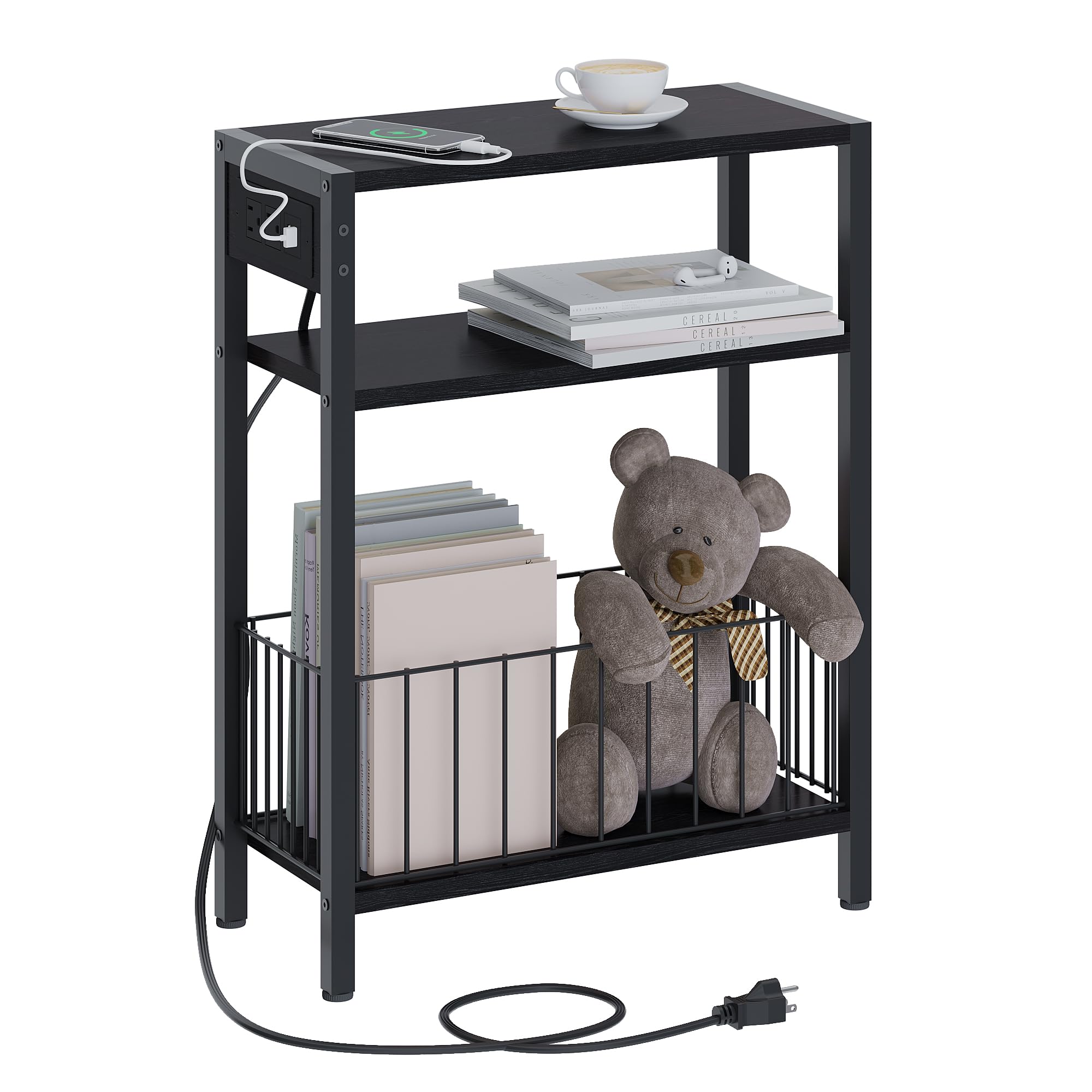 Narrow Side Table with Charging Station, Small End Table for Small Spaces, Slim Nightstand with Storage Basket, 3 Tier Skinny Bedside Table for Living Room, Bedroom, Black