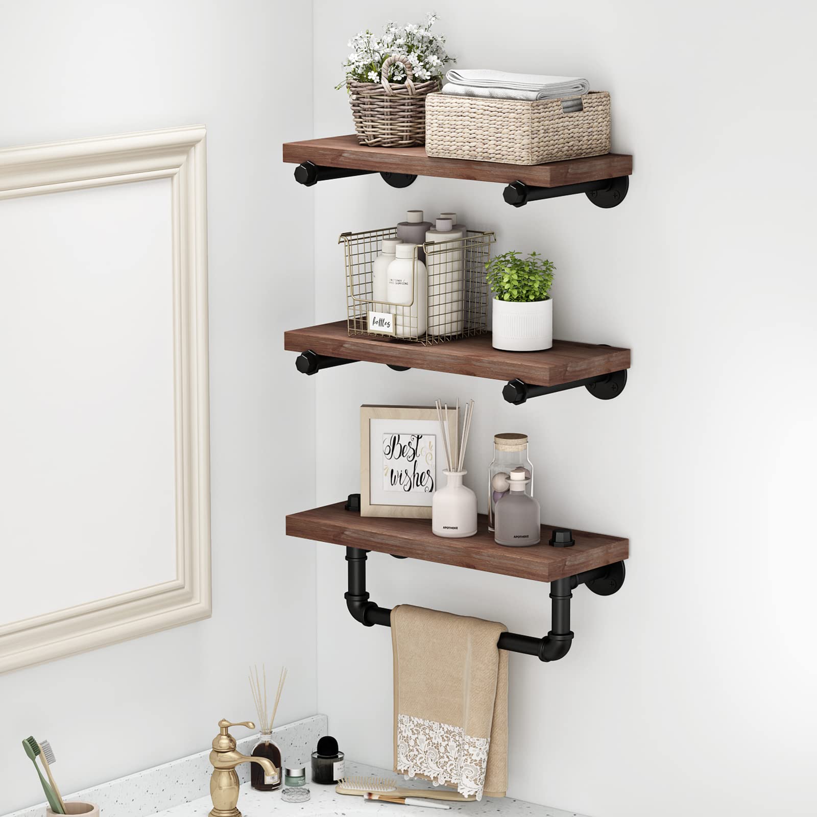 BOSURU Industrial Pipe Shelves with Towel Bar Wall Mount Bathroom Shelves, Rustic Wood Shelf DIY Home Decor Wall Shelf, Farmhouse(Black,3-Tier)