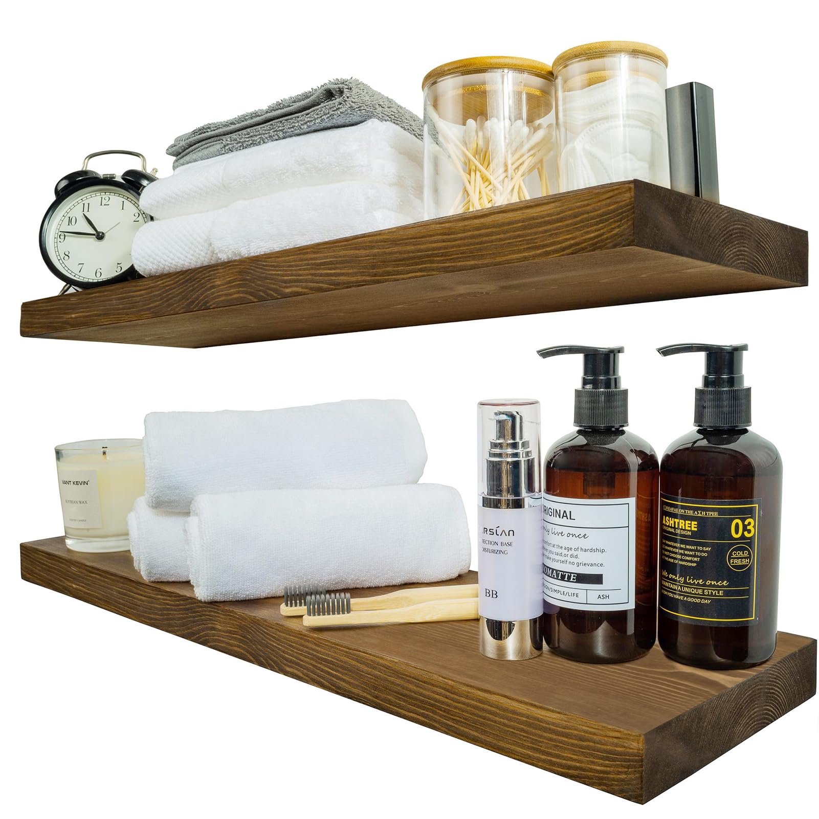 Wood Floating Shelves 24 inch, Wide Rustic Wooden Wall Shelves for Bathroom Living Room Bedroom Kitchen Farmhouse Set of 2-24x 6.7 x1.25 inch- Walnut Color