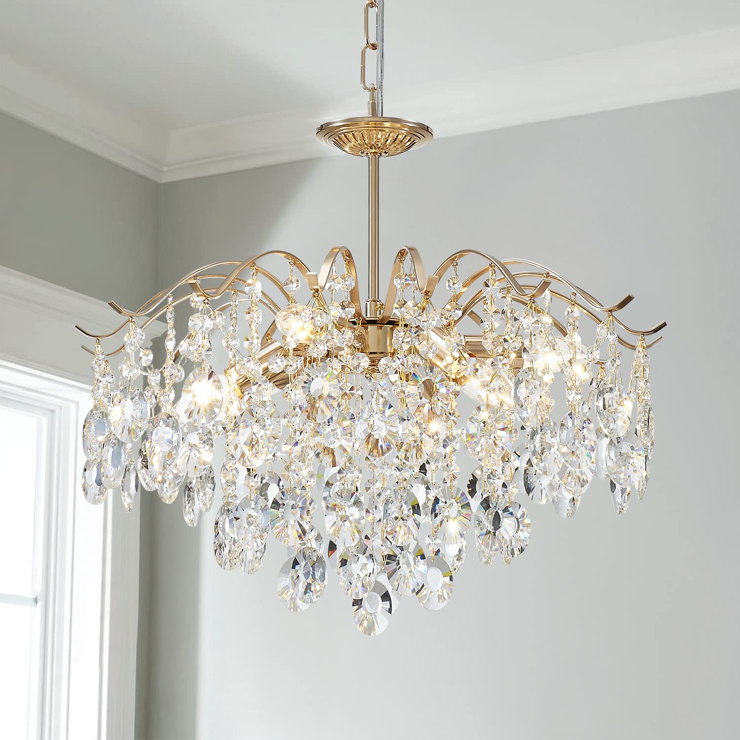 Saint Mossi Modern K9 Crystal Chandeliers, Middle Century Modern Design Chandelier for Dining Room, D20 x H17, Adjustable Chains 59&quot;, Chopper Finish Metal Frame