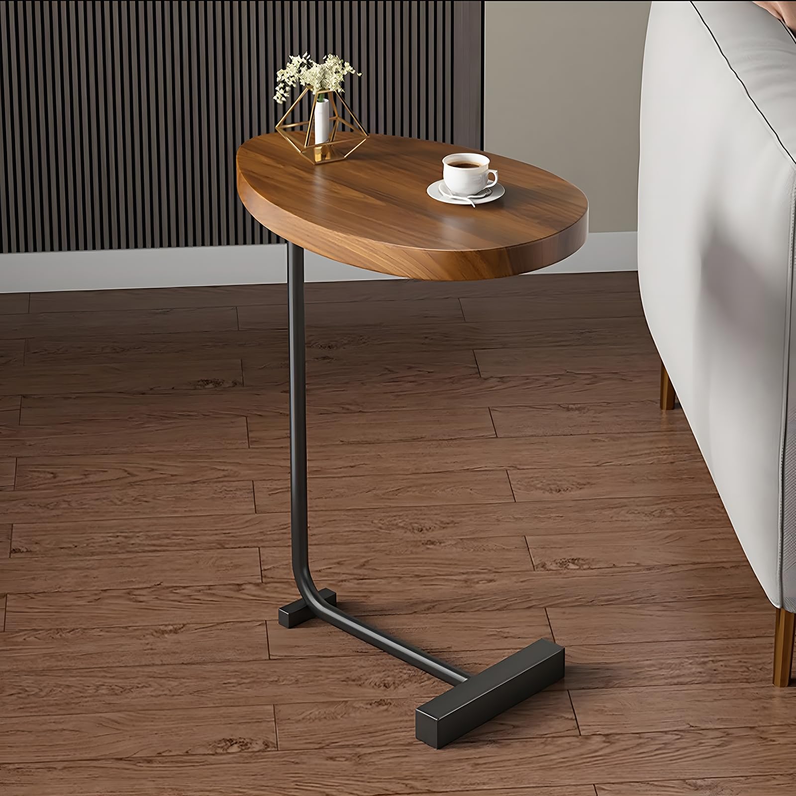 C Shaped End Table,C Shaped End Table for Couch,Couch Tables That Slide Under,Small Coffee Tables for Small Spaces,Drink Table,Snack Table,Occasional Tables (Black+Plane Walnut) …