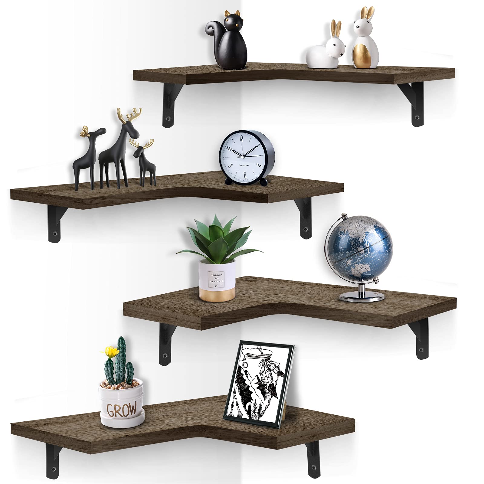 EACHPAI Corner Floating Shelves Wall Mounted Set of 4, Rustic Wood Wall Storage Shelves for Bedroom, Living Room, Bathroom, Kitchen, Office and More…