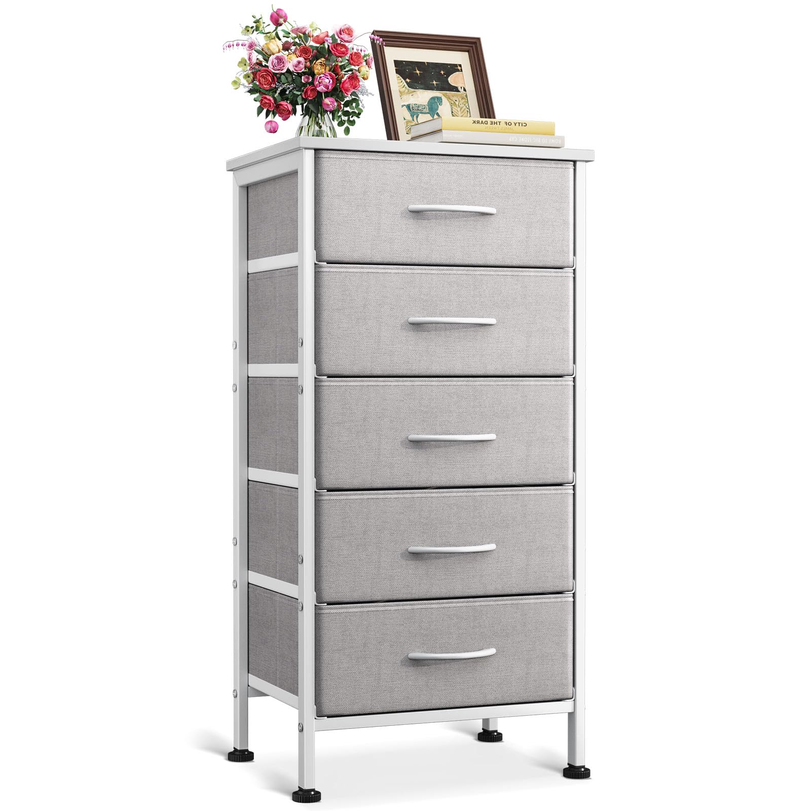 Dresser for Bedroom with 5 Storage Drawers, 31&quot; Small Dresser Chest of Drawers Fabric Dresser with Sturdy Steel Frame, Light Grey