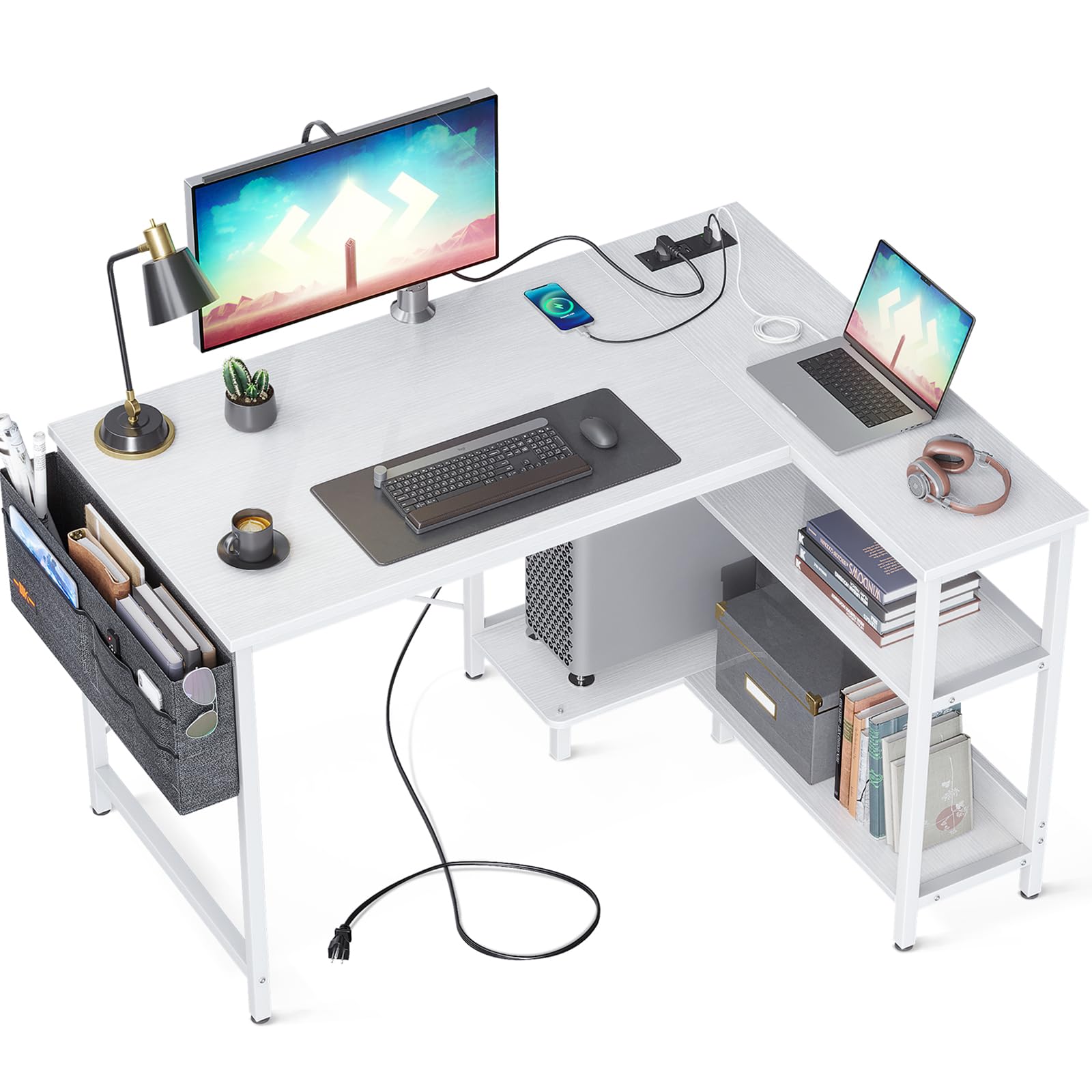ODK 40 Inch Small L Shaped Computer Desk with Power Outlets, Corner Desk with PC Stand & Reversible Storage Shelves for Small Space Home Office Workstation, Modern Simple Writing Study Table, White