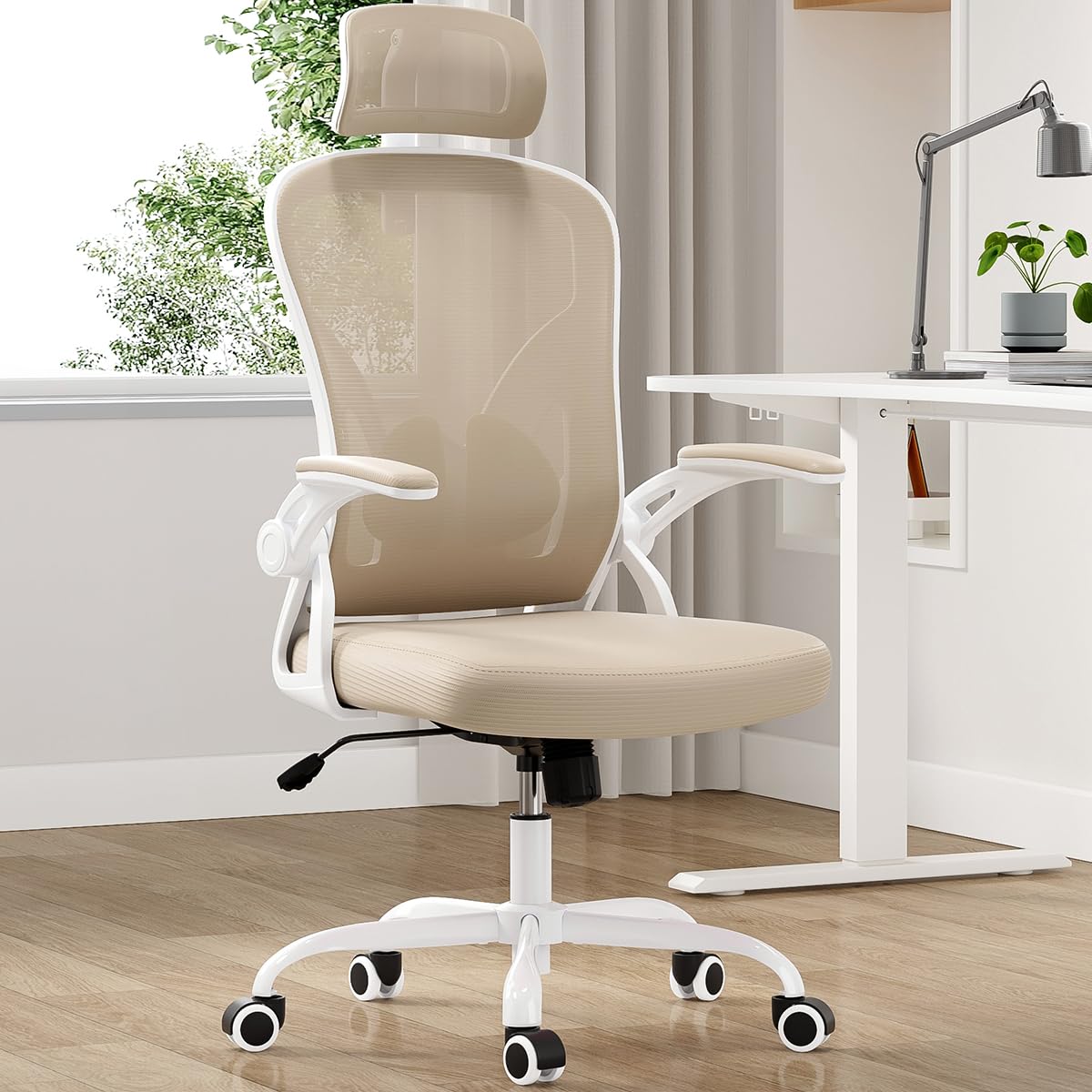 Farini Ergonomic Office Chair, Home Office Desk Chair with Headrest, High Back Computer Chair with Flip-up Armrests and Adjustable Lumbar Support.for Home Office Study Room Bedroom, Khaki.  Nylon