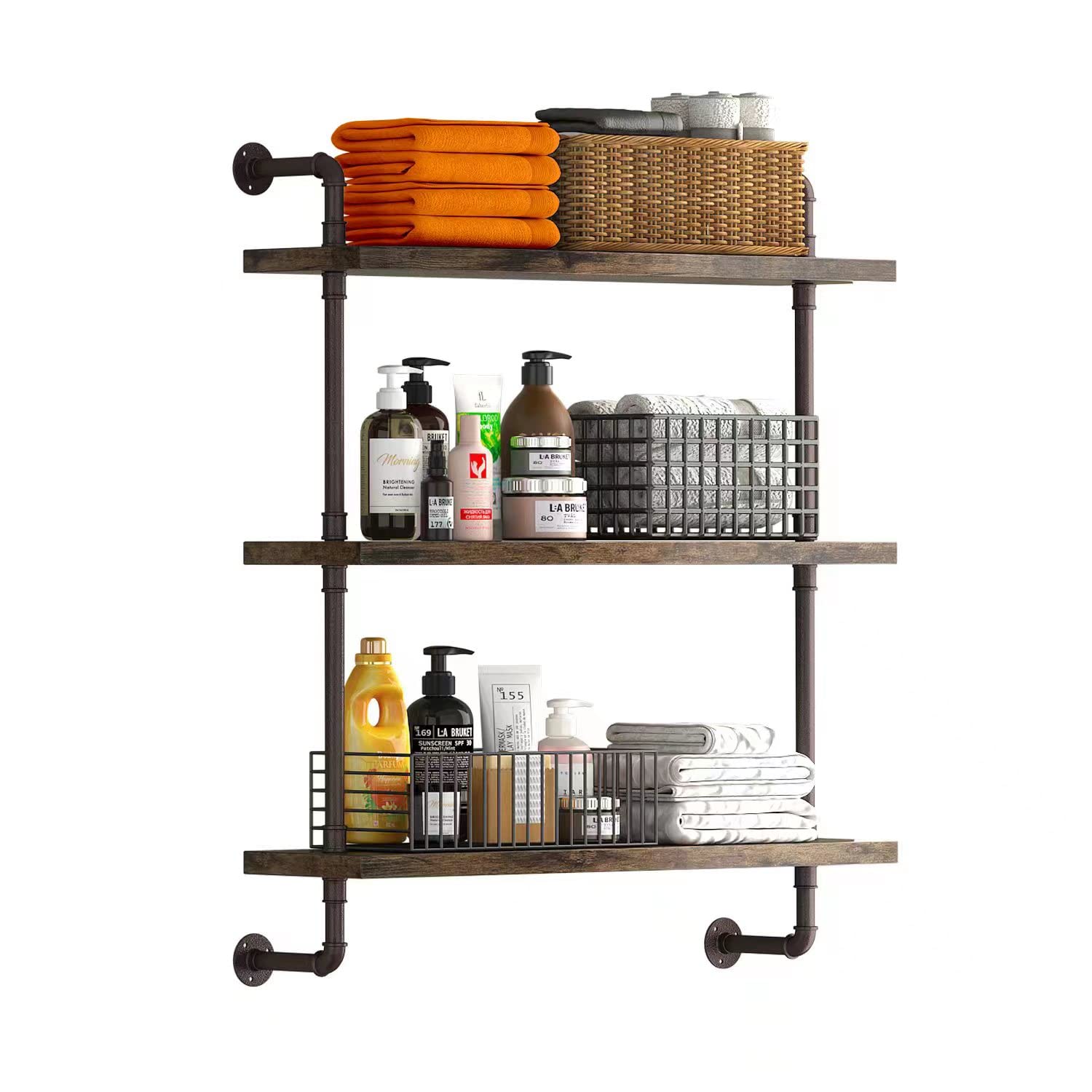 3 Tier Industrial Pipe Shelf Rustic Wood Floating Shelves,Wall Display Bookshelf,Storage Rack Sundries Holder for Kitchen Office Bathroom Organization and Home Decor (24inch)