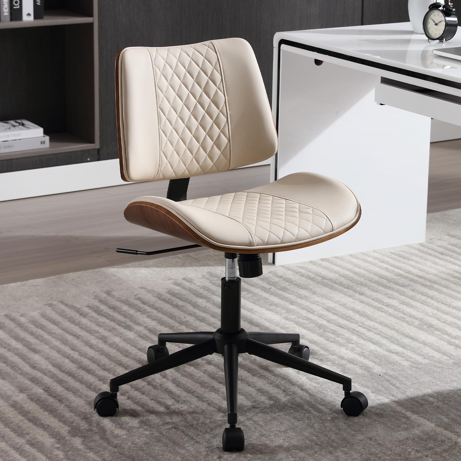 Home Office Chair No Arms with Wheels, Adjustable Height Small Desk Chair, PU Leather Mid Back 360 Swivel Computer Chair, Armless Modern Walnut Chair for Office, Reading Meeting Room(Beige)  Leather