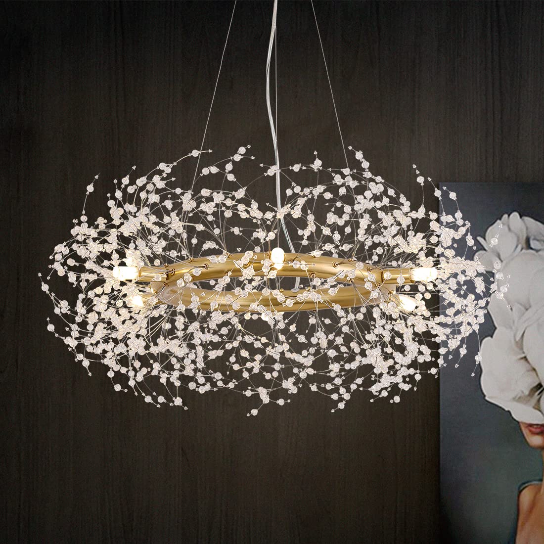Gold Crystal Chandelier Firework,Modern Dining Room Light Fixture Over Table,Large Round Sputnik Hanging Chandeliers Circle Pendant Lighting for Bedroom Living Room Entryway Closet Bathroom Kitchen