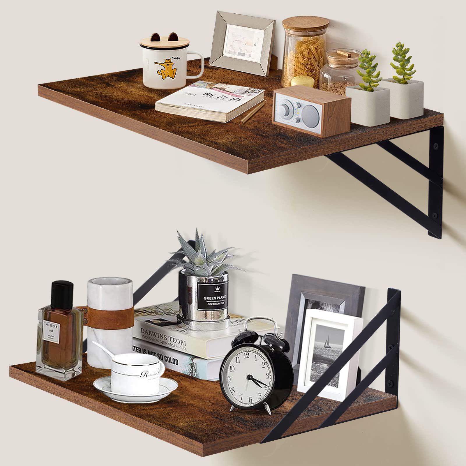 2 Pc Deep Floating Shelves ; 12 Inch Deep Wall Mounted Hanging Shelves for Living Room, Kitchen, Office, Bathroom and Bedroom Decor; Storage and Display Shelf Set (Rustic Brown)