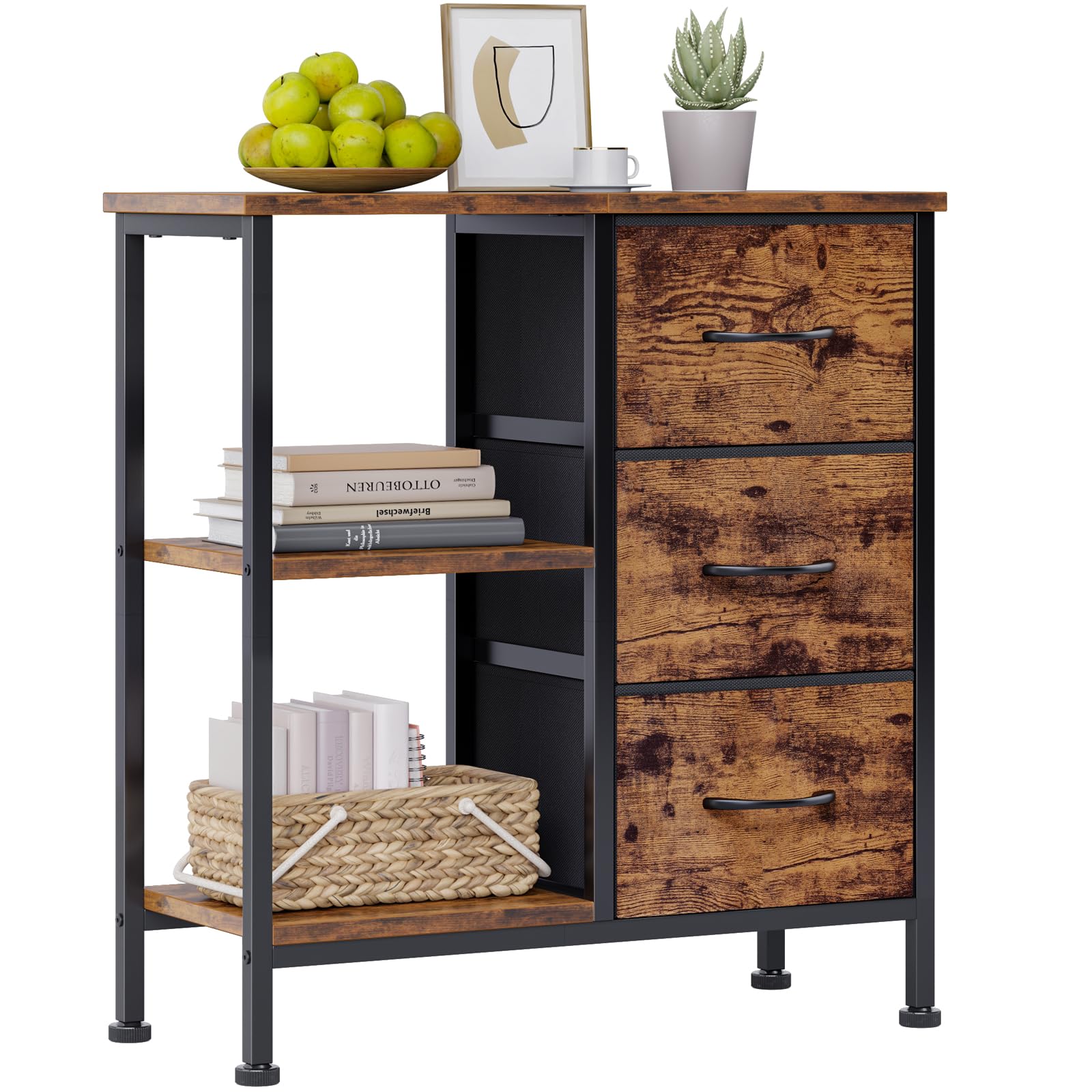Furnulem Small Dresser for Bedroom, 3 Drawer Nightstand with 3-Tier Shelf, Beside Table for Hallway, Fabric Dresser Storage Organizer for Living Room, Closet, Wooden Top(Rustic Brown)