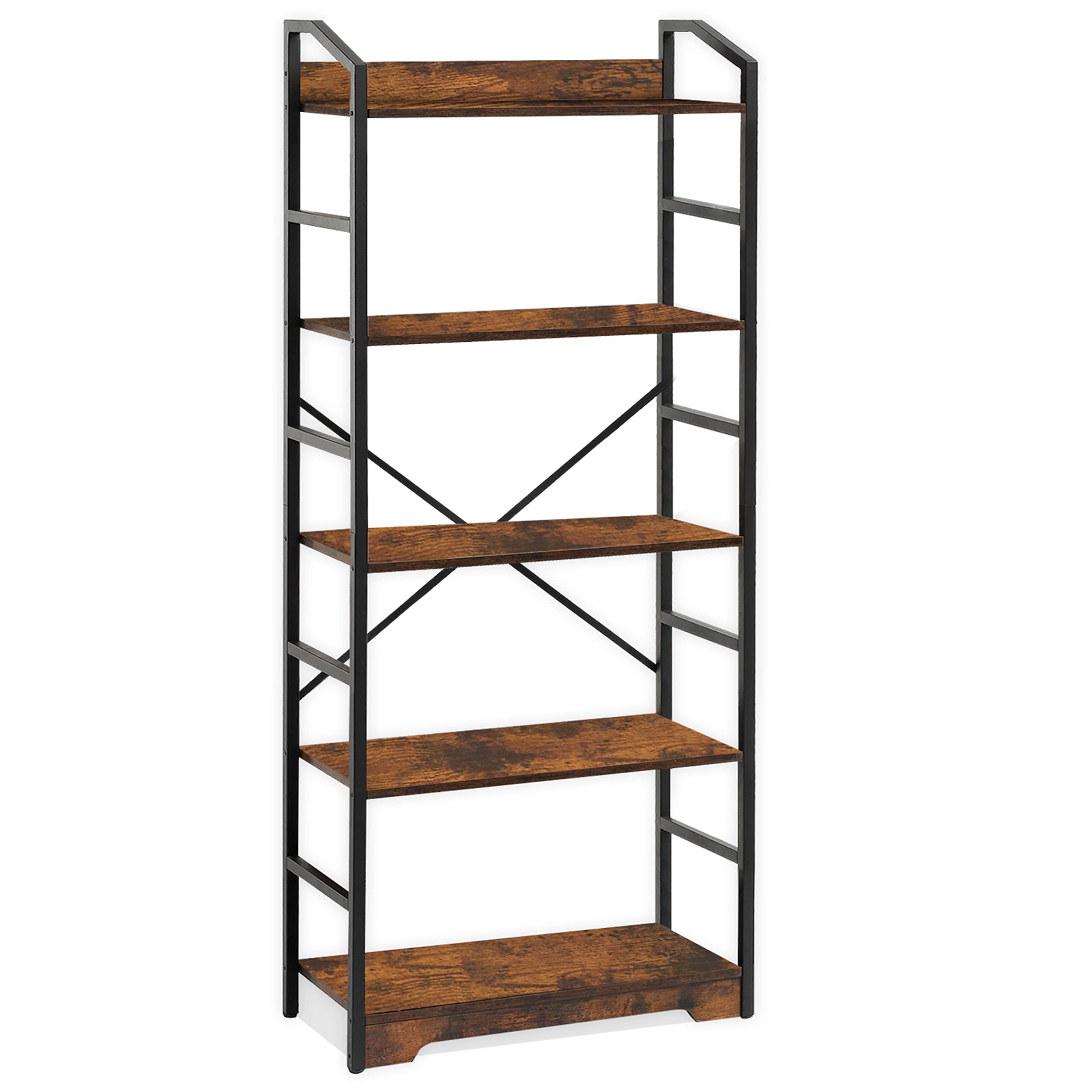 Vagusicc Industrial Display Standing Bookshelf, 5-Tier Tall Bookcase Wood Book Shelf, Modern Book Shelf Storage Organizer Steel Frame, Multipurpose Bookshelf for Living Room/Bedroom/Kitchen/Bathroom