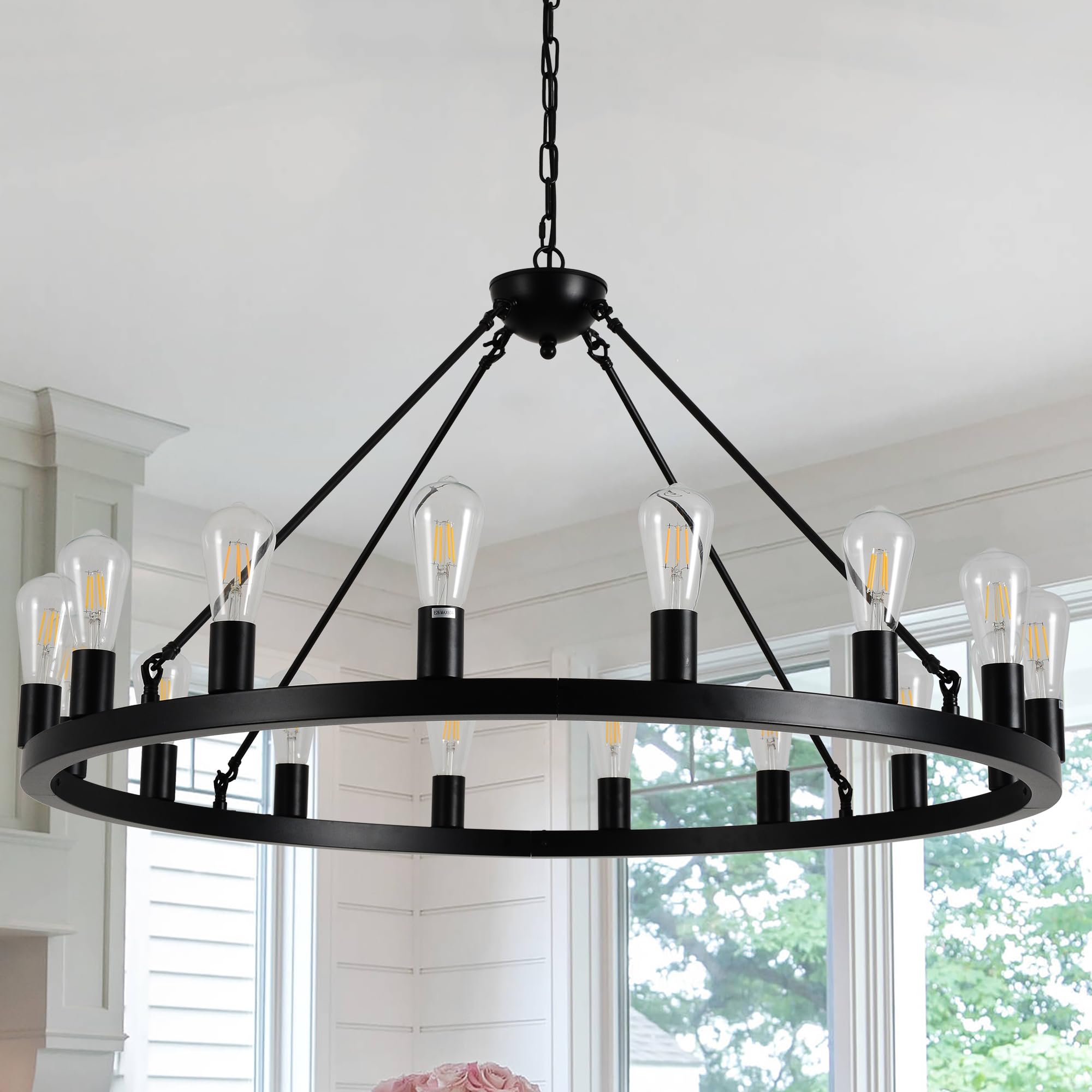 40&quot; Black Wagon Wheel Chandelier,E26 16-Light Large Round Rustic Farmhouse Chandelier Industrial Pendant Light Fixtures for Dining Room Living Room Kitchen Island Entryway Foyer