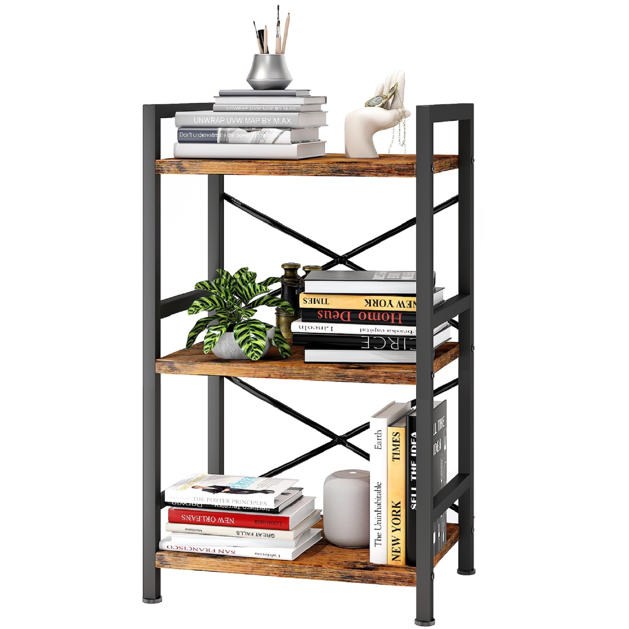 Bookshelf, 3 Tier Industrial Bookcase, Metal Small Bookcase, Rustic Etagere Book Shelf Storage Organizer for Living Room, Bedroom, and Home Office(Rustic Brown) Patent Pending D29873033