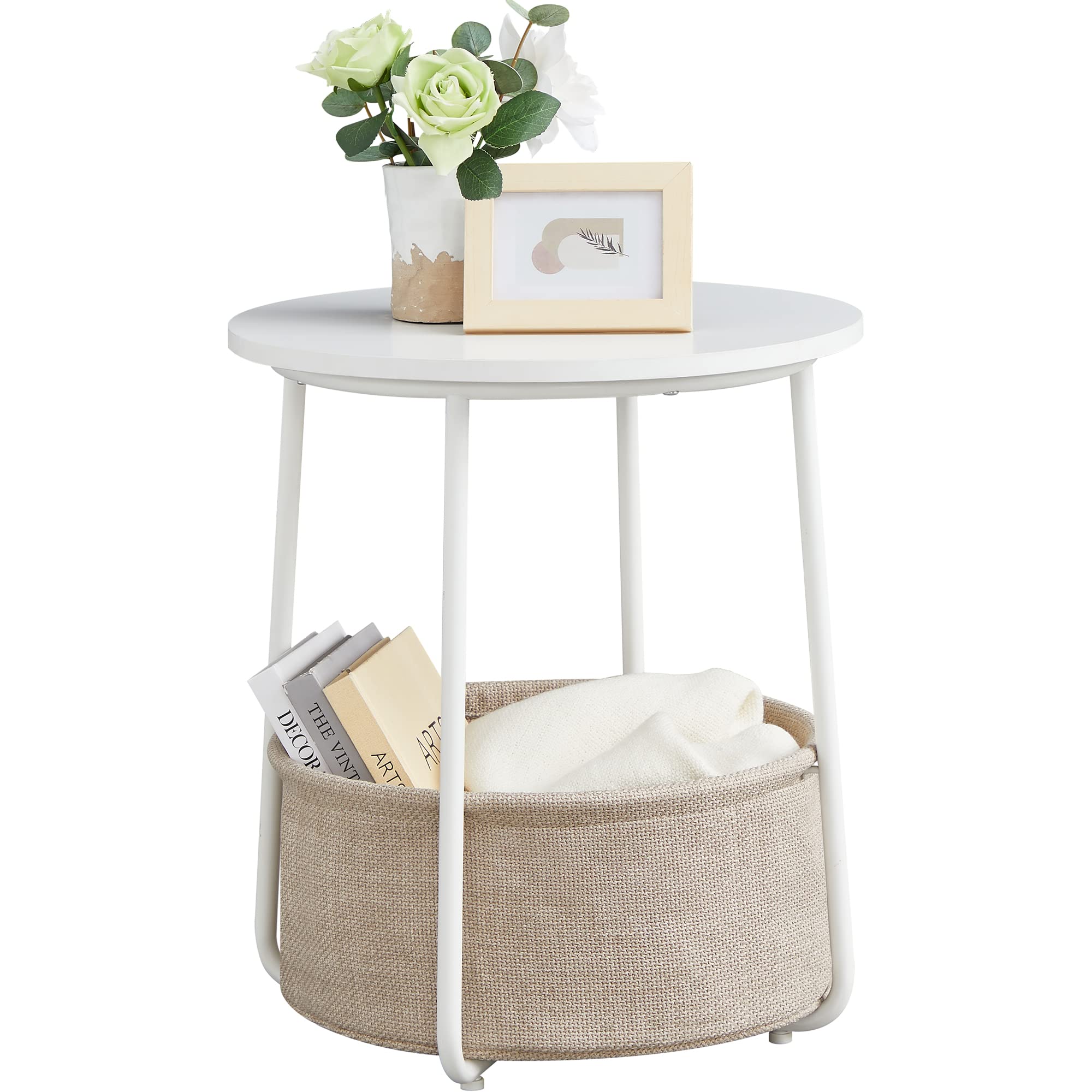 VASAGLE Small Round Side End Table, Modern Nightstand with Fabric Basket, Bedside Table for Living Room Bedroom, Classic White and Sand Beige LET223W10