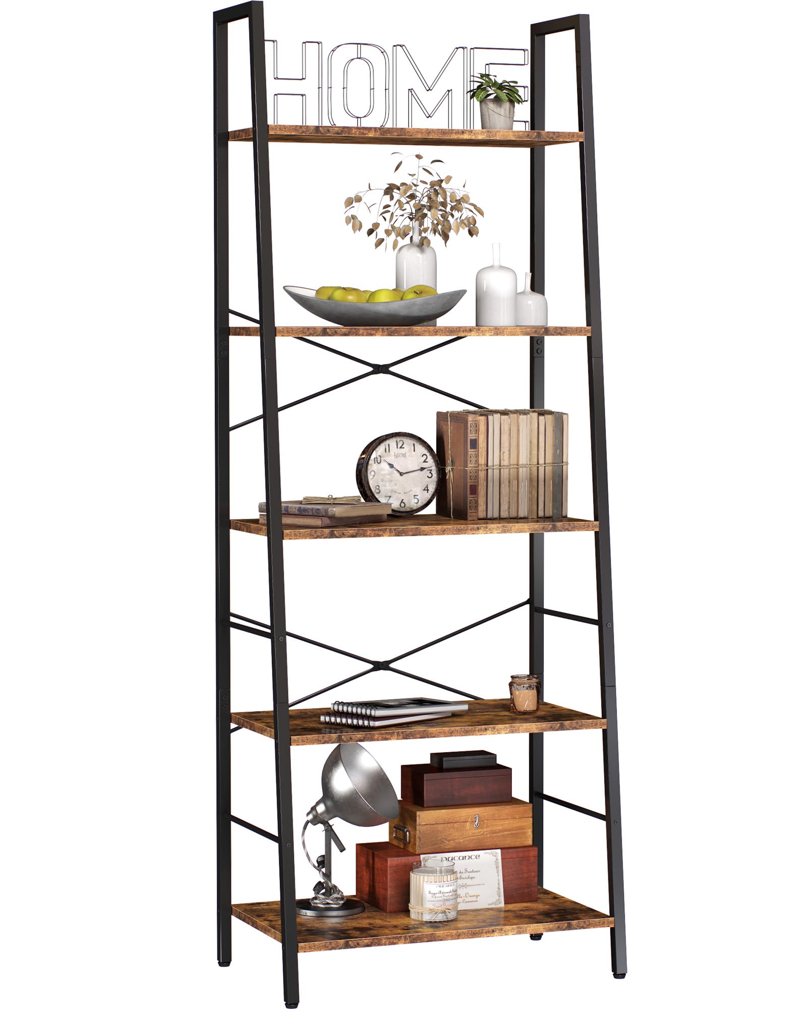 Yusong Bookshelf, Ladder Shelf 5-Tier Bookcase for Bedroom, Industrial Book Shelves Storage Rack with Metal Frame for Home Office, Rustic Brown