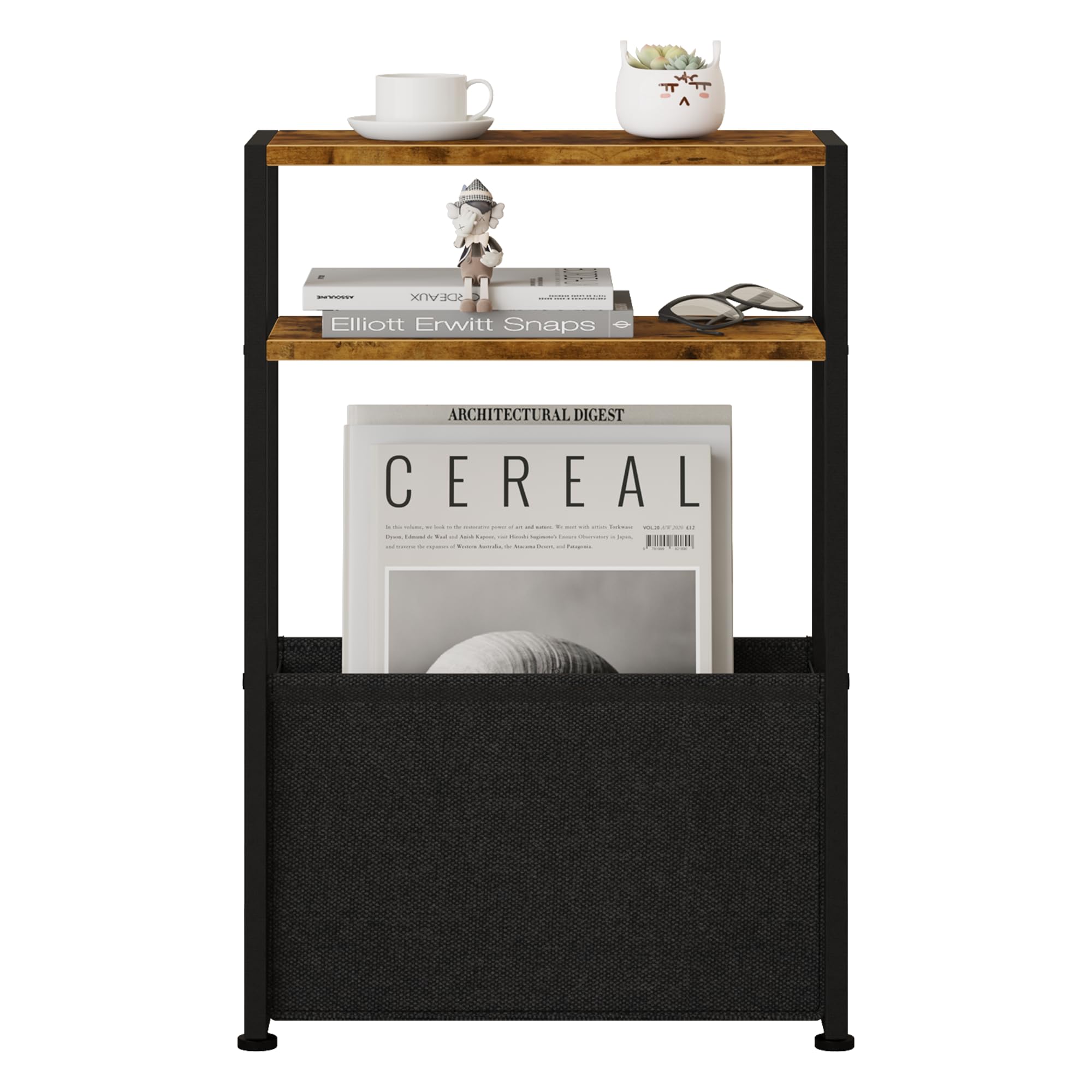 7.1” Narrow Side Table for Small Spaces, 3 Tier Slim End Table with Storage Bag, 25.6” Thin Side Table for Couch, Skinny Side Tables for Living Room, Bedroom, Vintage Brown