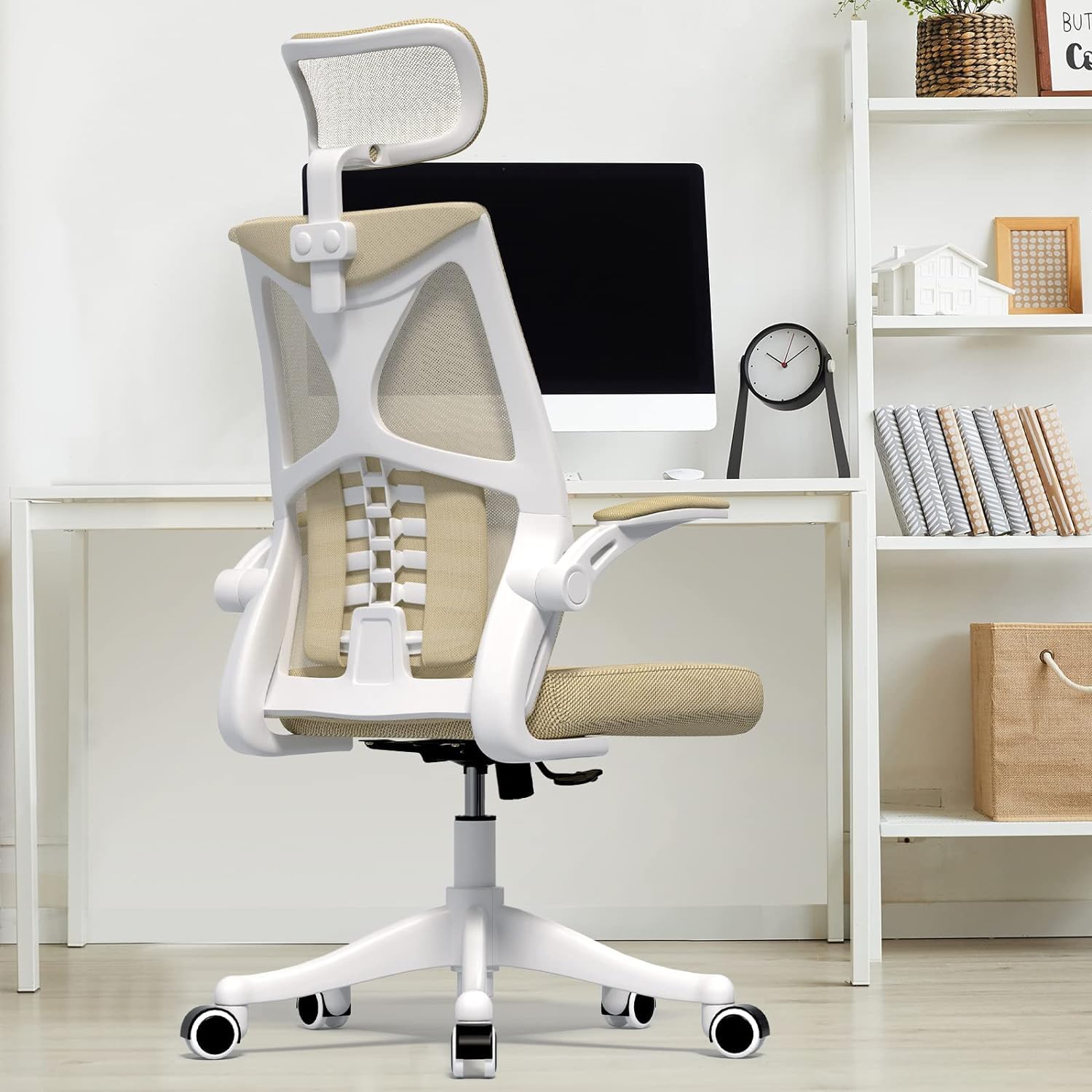 Office Desk Computer Chair, Ergonomic High Back Breathable Mesh Desk Chair with Lumbar Support, Comfy Flip-Up Arms Adjustable Headrest Height, Swivel Rolling Task Chair for Home Office(Khaki)