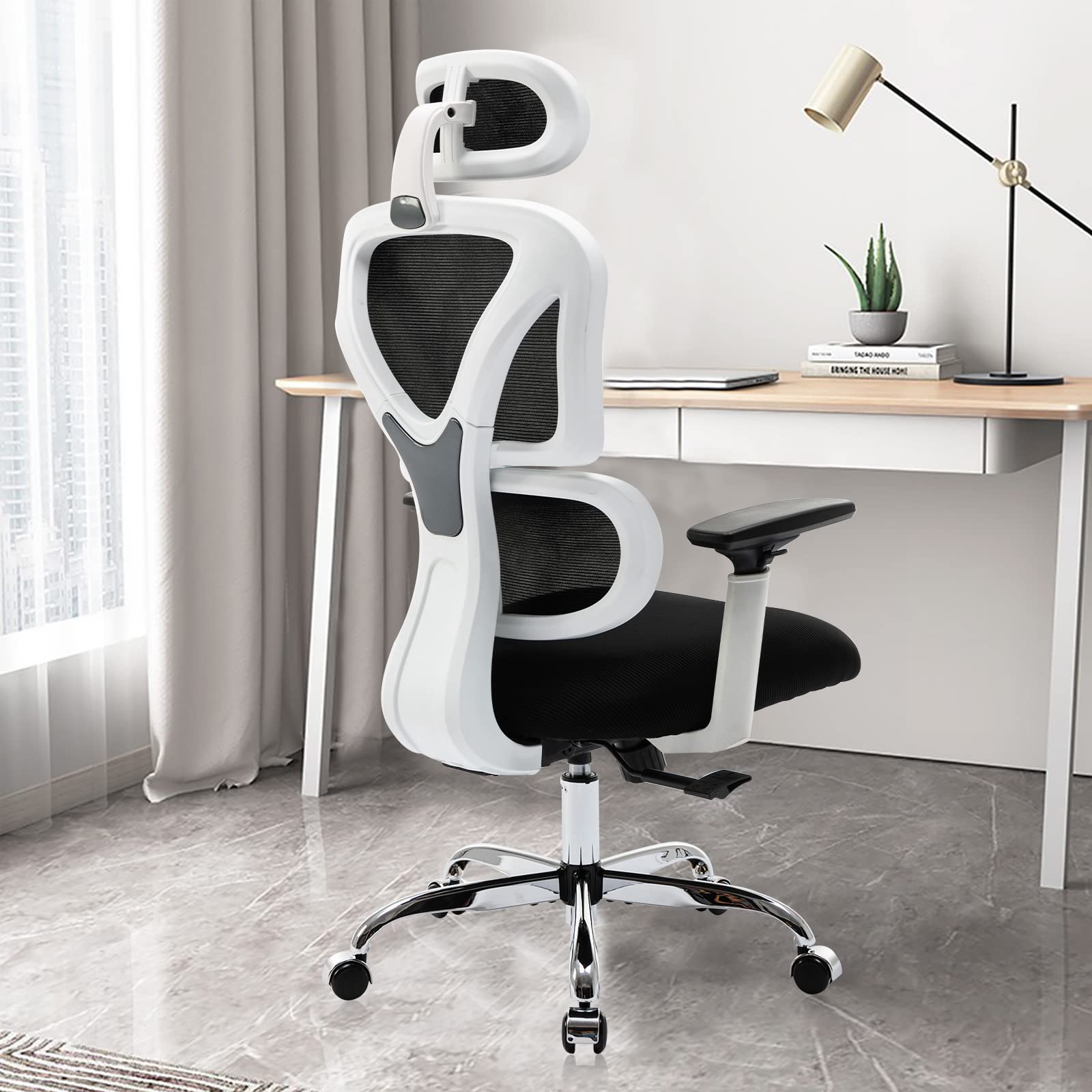 KERDOM Ergonomic Office Chair, Home Desk Chair, Comfy Breathable Mesh Task Chair, High Back Thick Cushion Computer Chair with Headrest and 3D Armrests, Adjustable Height Gaming Chair S-White  Nylon, Alloy Steel