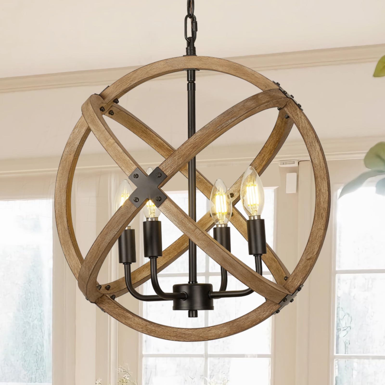 4-Light Farmhouse Globe Chandelier, D16.5 Rustic Wood and Black Dining Room Light Fixture，Orb Kitchen Island Hanging Pendant Adjustable Lighting for Entryway Foyer Bedroom Living Room