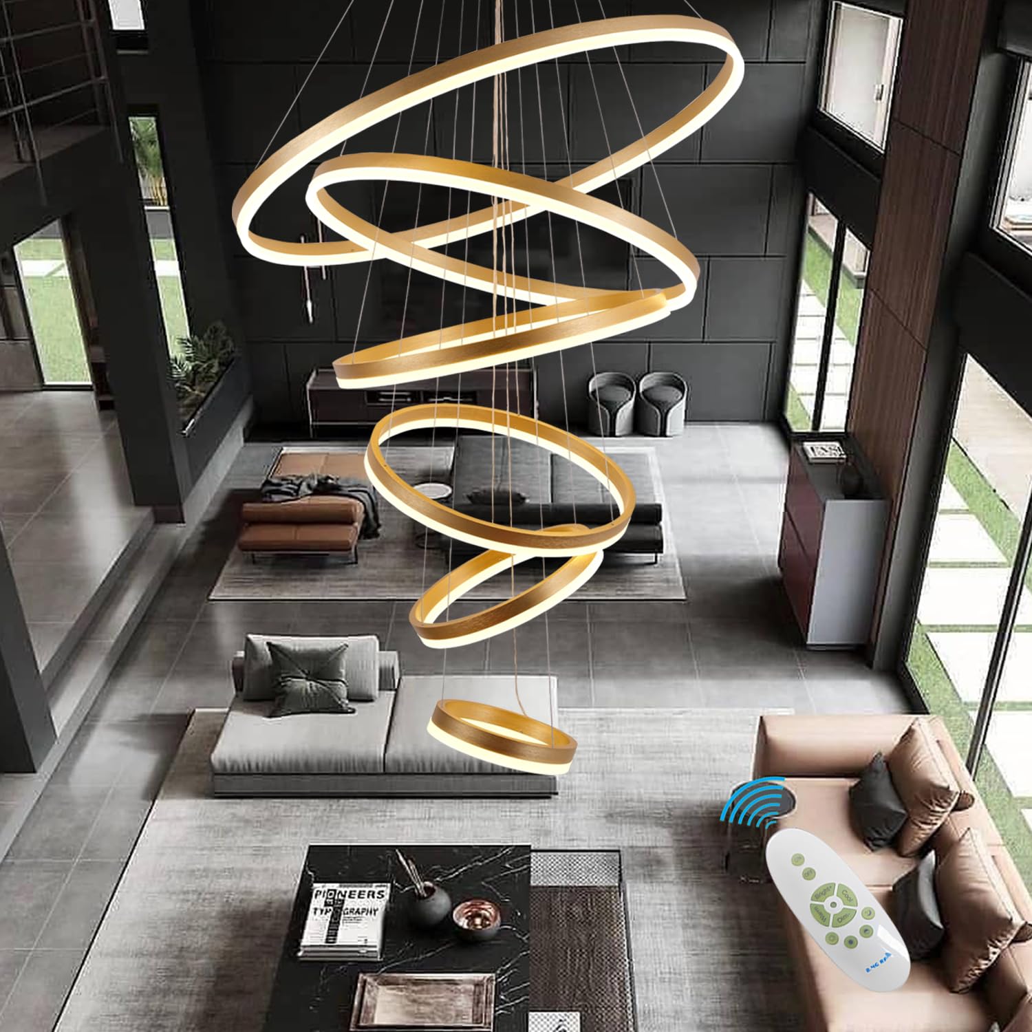 Modern Chandelier, 6 Ring Chandelier for High Ceiling Chandelier for Entryway, Large Chandeliers for High Ceilings Luxury Gold Modern Chandelier Light Fixture Dimmable with Remote Control