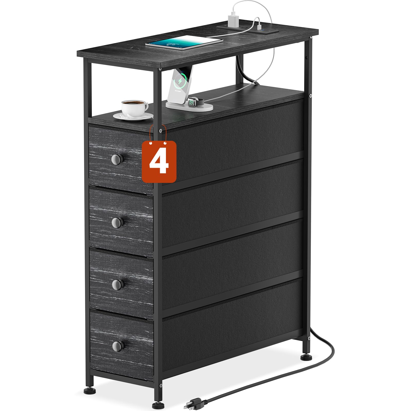 Narrow Dresser with Charging Station, Slim Dresser with 4 Fabric Drawers, Slim Chest of Drawers with Steel Frame for Small Spaces Bathroom, Bedroom, Living Room, Laundry (Black Wood Texture)