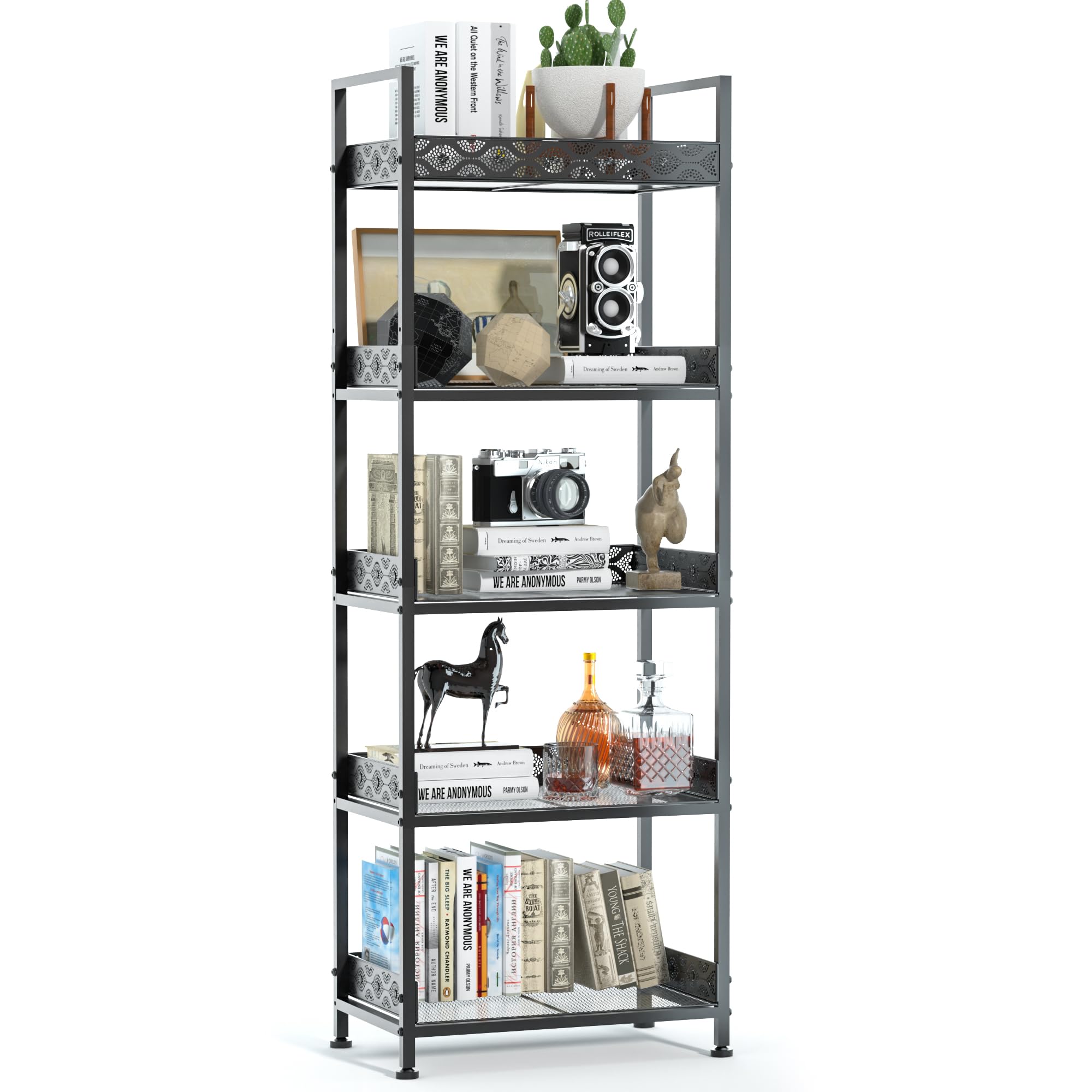 Heavy Duty 5 Tier Bookshelves, Modern Metal Industrial Bookshelf for CD, Movies, Books, Total Load-Bearing 500 lbs Rust Resistance Tall Bookshelf for Bedroom/Living Room/Office(Black)