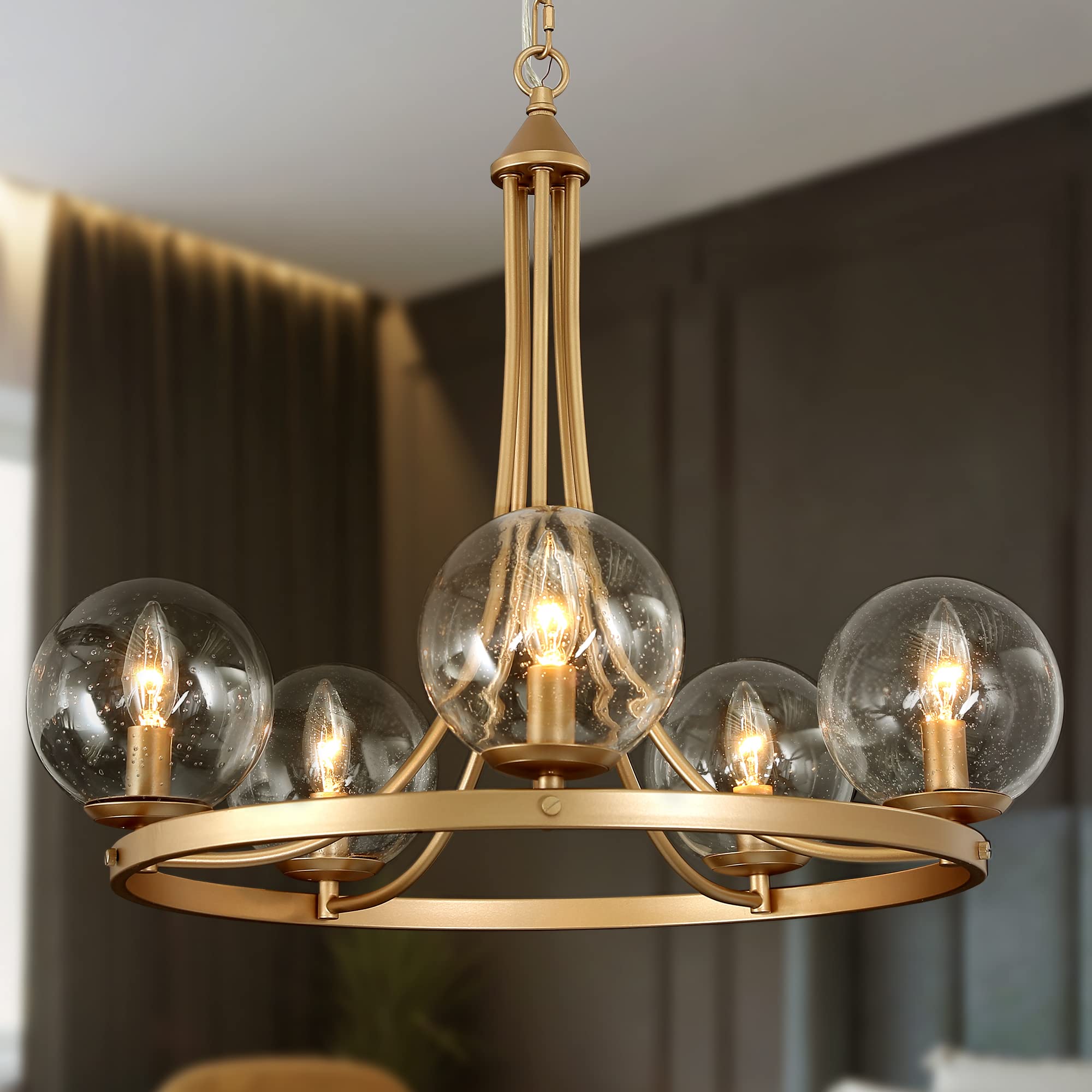 Durent Lighting Modern Chandelier Pendant 5 Seeded Glass Globe Shades for Dining & Living Room, Foyer Round Wagon Wheel Light Fixture Height Adjustable for Bedroom, Dia 24&quot;, Matte Gold