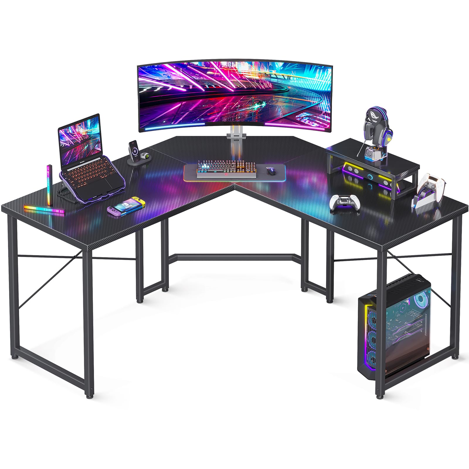 51 Inch L Shaped Gaming Desk with Monitor Stand, Computer Desk for Home Office, PC Corner Desk Table Sturdy Writing Workstation, Carbon Fiber Surface, Black