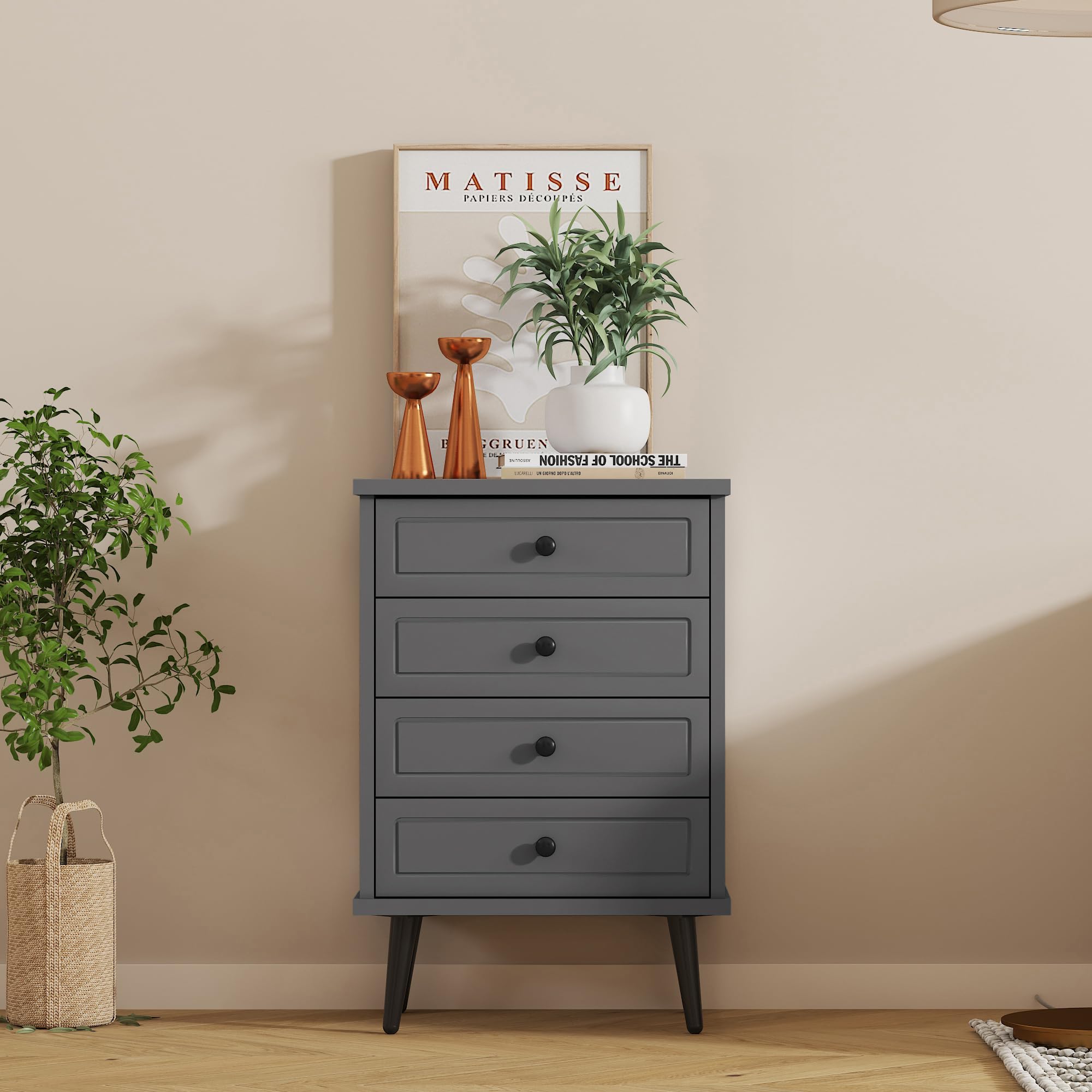Function Home Dresser with 4 Drawers, Wood Storage Chest of Drawers with Anti-Toppling Device for Bathroom, Bedroom, Living Room and Closet