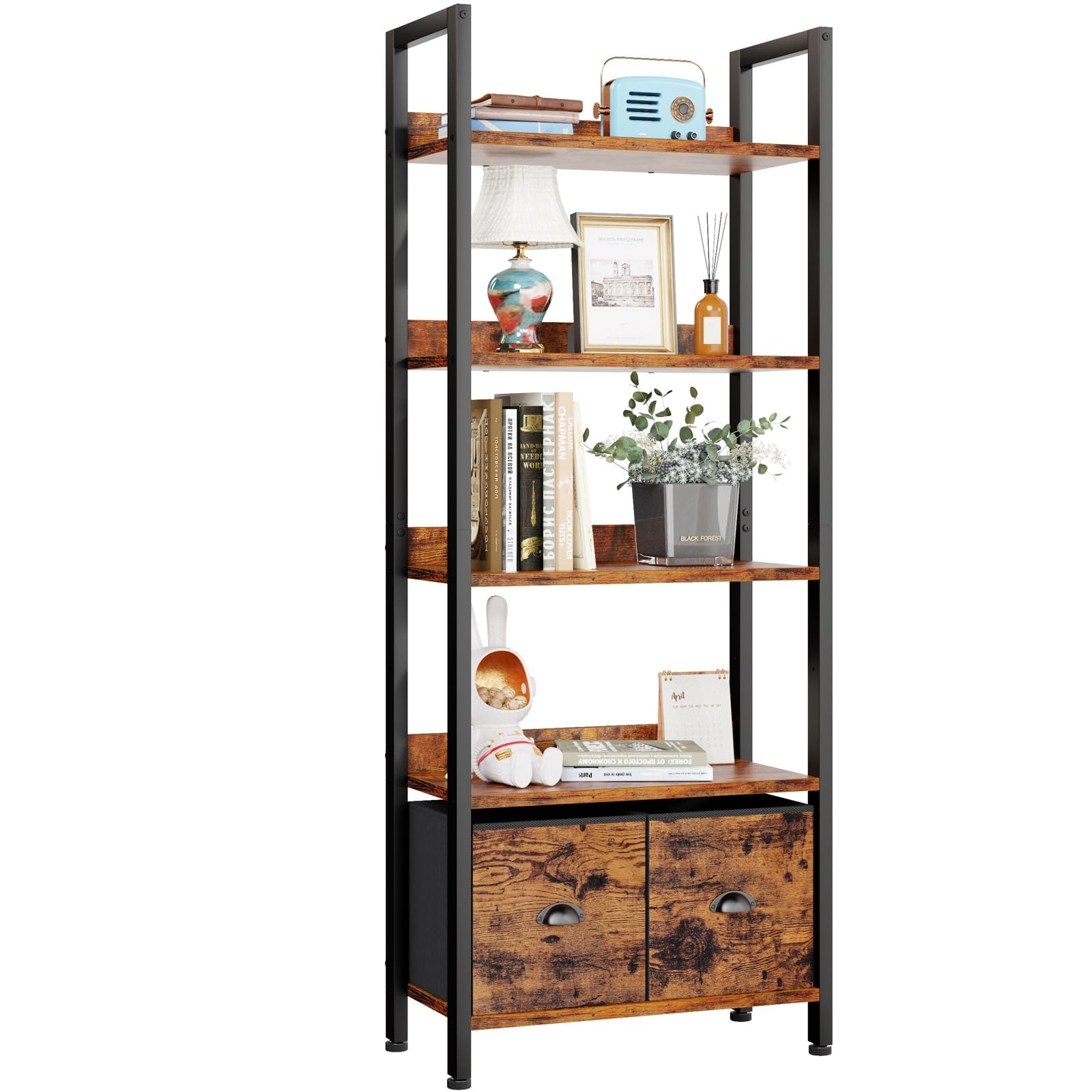 Furologee 5-Tier Bookshelf, Tall Bookcase with 2 Storage Drawers, Industrial Display Standing Shelf Units, Wood and Metal Storage Shelf for Living Room, Bedroom, Home Office, Rustic Brown