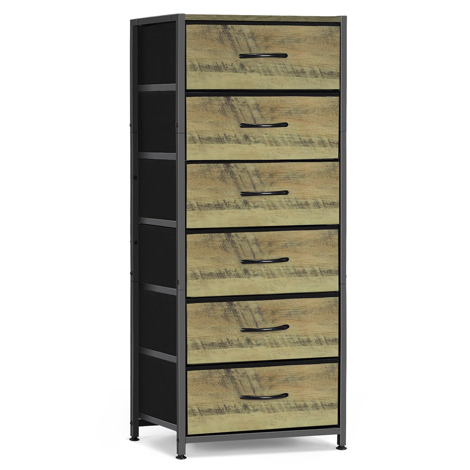 MOOACE 6 Drawers Dresser Tall,Storage Organizer Unit - Dresser for Bedroom with Fabric Bins,Wood Top, Easy Pull Handle - Organizer Unit for Bedroom, Hallway, Entryway, Wood color