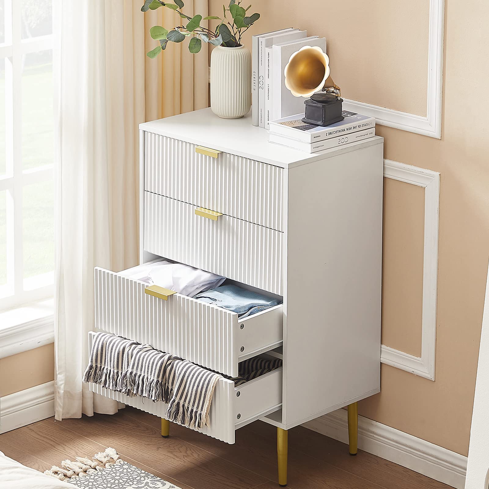 Okvnbjk 4 Drawer Dresser for Bedroom, White Dresser Wood with Metal Handles, Tall Dresser Chest with Anti-Tipping Device, Storage Closet Dresser for Bedroom, Living Room, Entryway and Hallway
