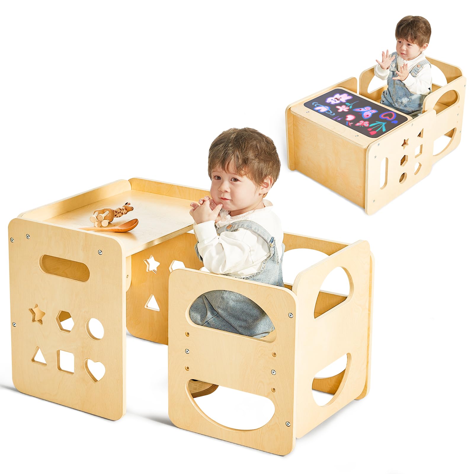 2 in 1 Montessori Weaning Table and Chair Set, Wooden Toddler Table and Chair Set with Blackboards, Adjustable Height Chair Step Stool,1-3 Year Old Kids Montessori Furniture for Boys and Girls