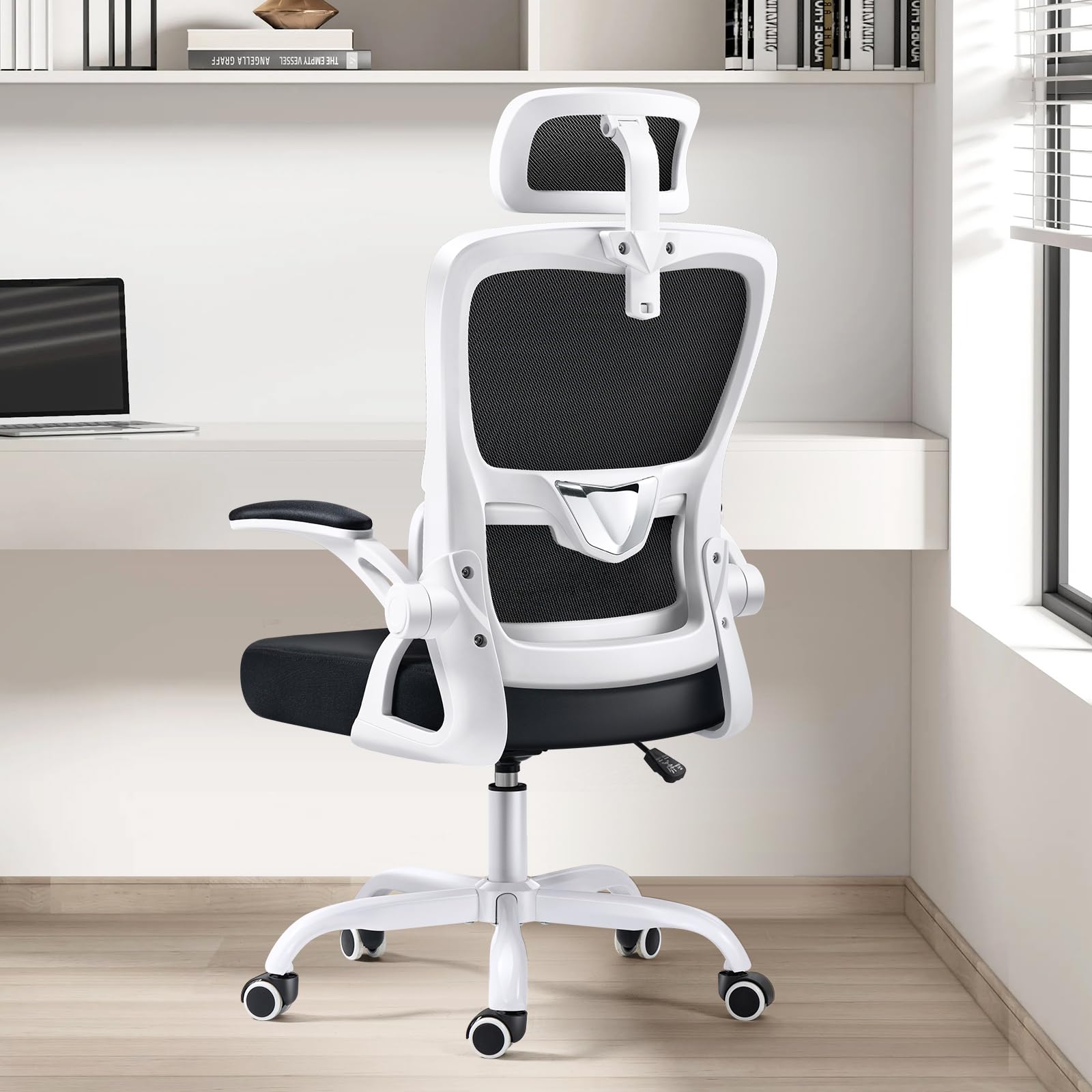Office Chair Ergonomic Home Desk Chair, High Back Home Office Chair, Big Tall Computer Chair,Adaptable Lumbar Support, Flip-up Arms 125°Rocking, Adjustable Headrest(White Black)  Nylon, Mesh