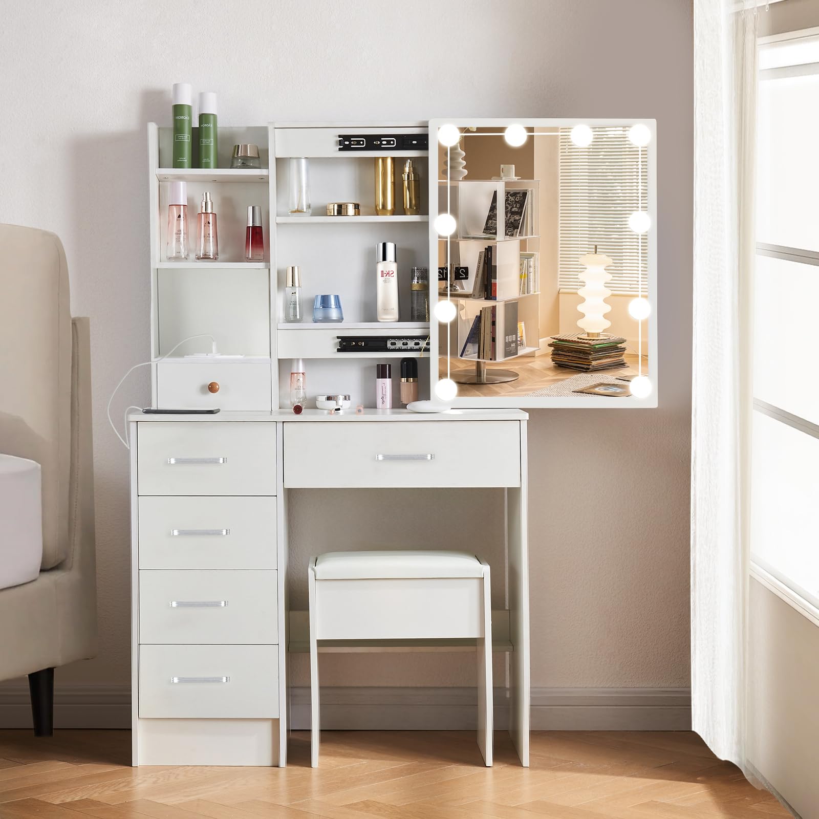 Vanity Desk Set Power Strip & USB Ports, Makeup Table with Mirror and Lights in 3 Colors, Modern Dressing Table with Storage Drawers and Chair