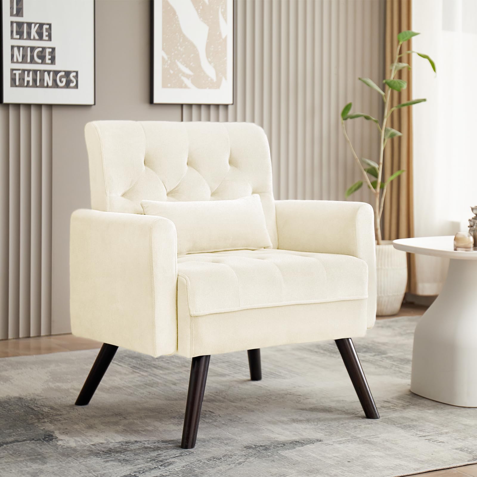 Velvet Wingback Living Room Chair, Modern Button Accent Chair with Arm, Upholstered Single Sofa Chair with Solid Wood Frame & Soft Cushion for Living Room, Bedroom, Belcony, Beige  Velvet