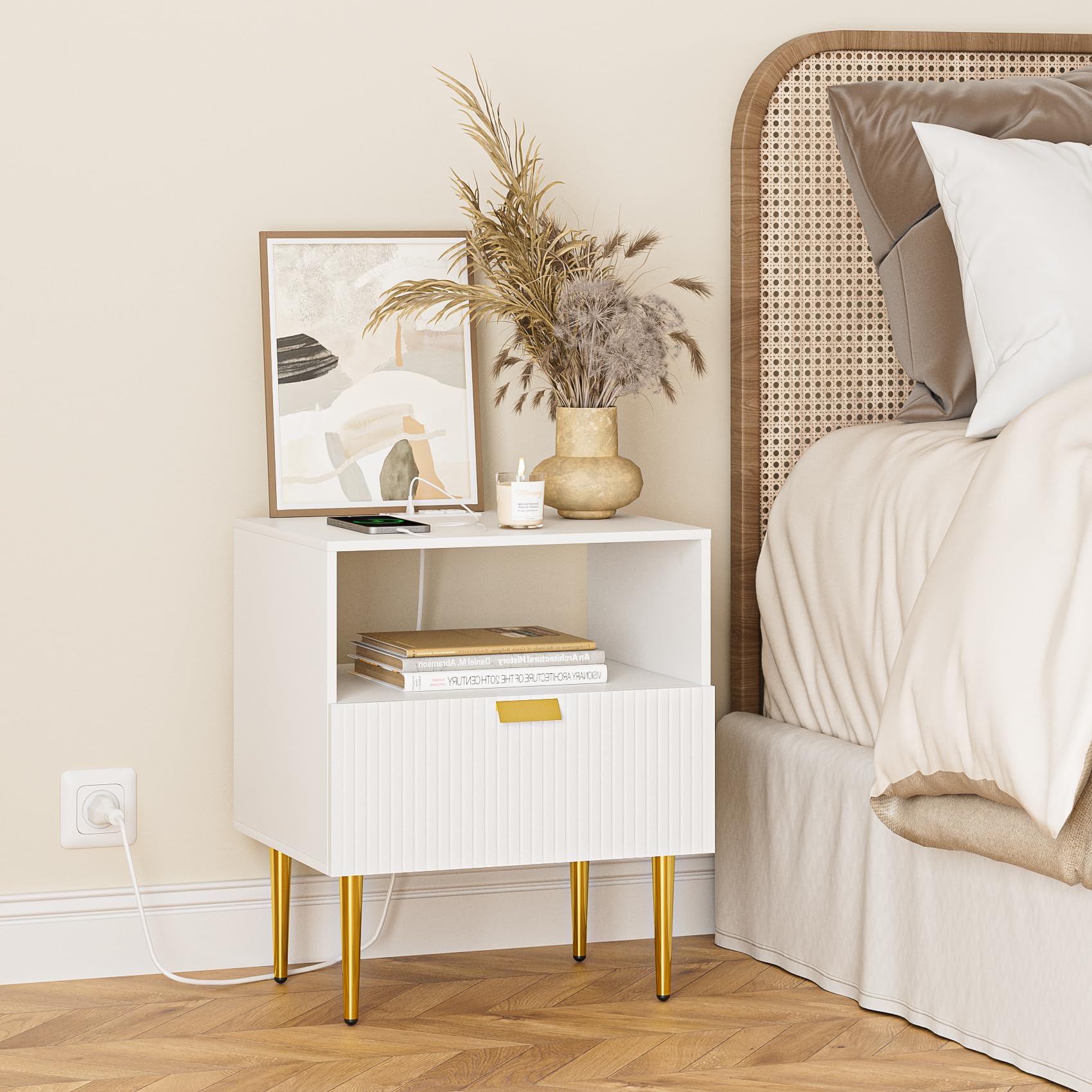 Nightstand with Charging Station, Dresser for Bedroom, Fluted Night Stand, End Table for Living Room, Mid Century Modern Bedside Table with Drawers, Furniture White Stripe