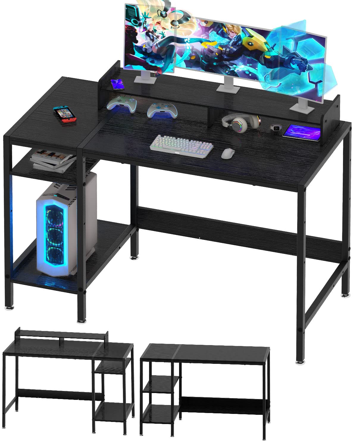 Computer Desk - 47” Gaming Desk, Home Office Desk with Storage, Small Desk with Monitor Stand, Storage Space-Savor, Modern Table, Black.