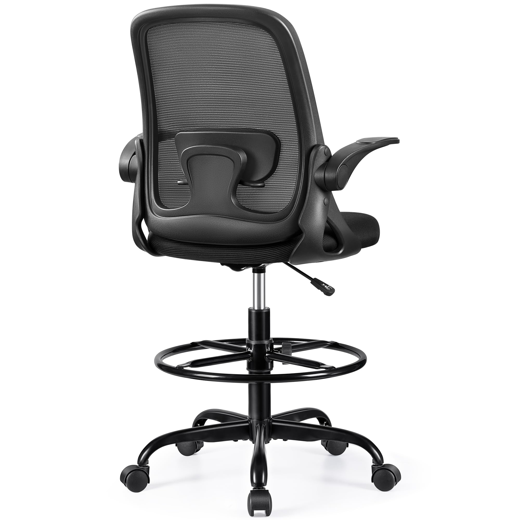 Drafting Chair Tall Office Chair Ergonomic Desk Chairs with Lumbar Support and Flip-up Armrests, Adjustable Height Comfy Computer Chair with Swivel Task and Adjustable Foot Ring(Black)  Nylon
