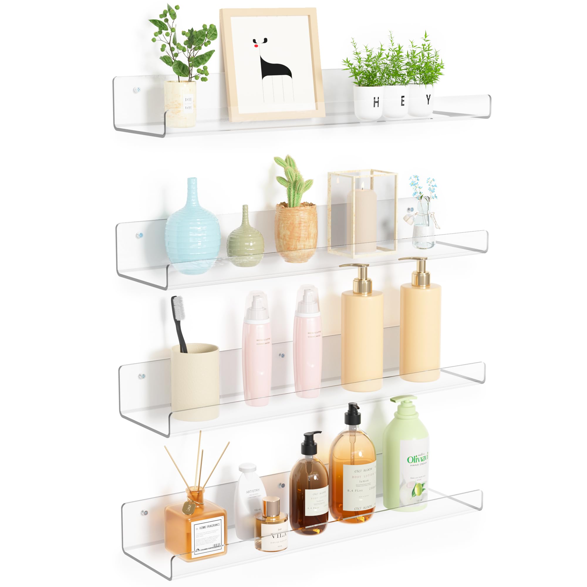 upsimples 4 Pack Acrylic Shelves for Wall Storage, 15&quot; Floating Bookshelves for Kids, Display Shelf Organizer for Bathroom, Bedroom, Living Room, Kitchen, Room Decor, Clear