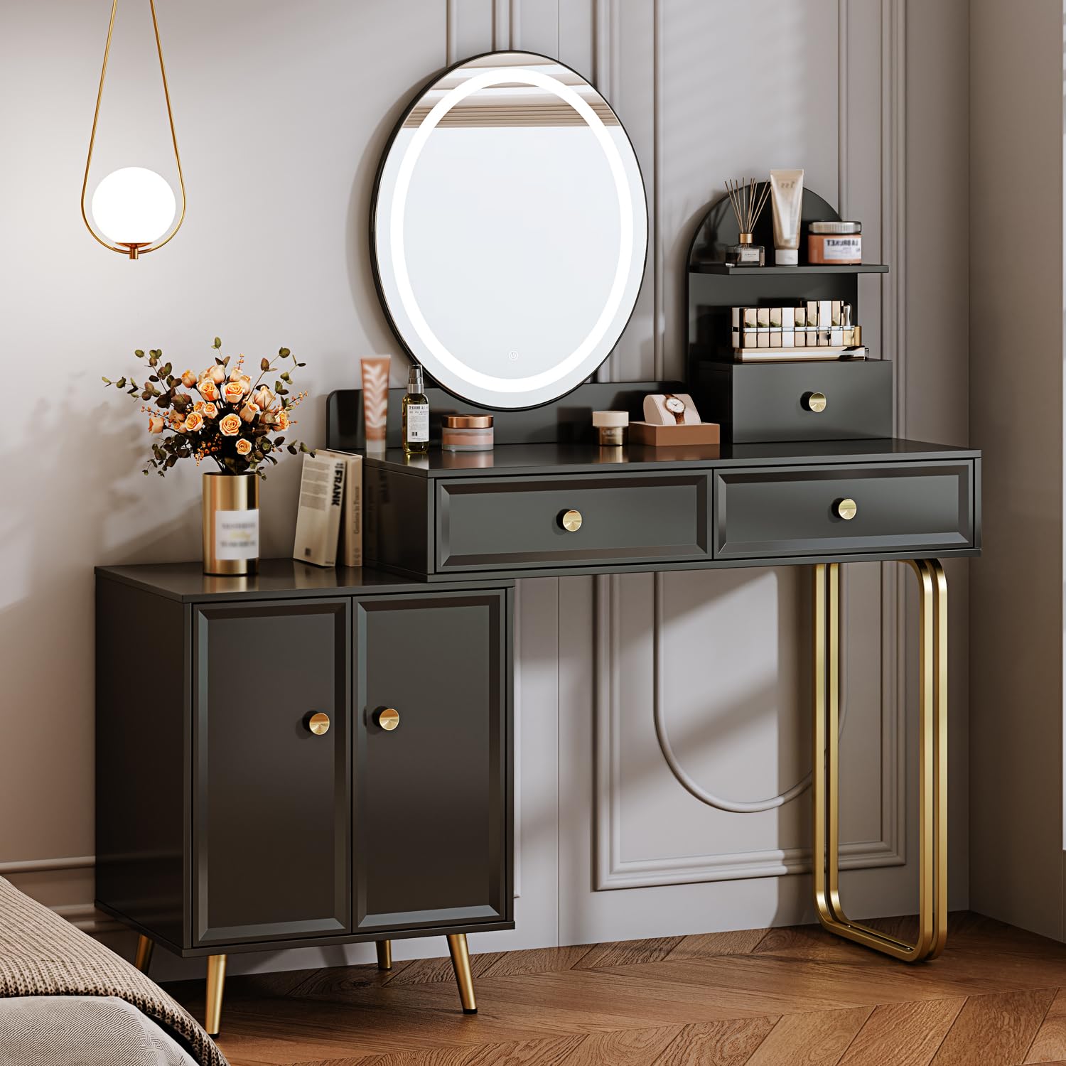 White Modern Vanity Desk,Retractable Makeup Vanity,with LDE Mirror and 2 Spacious Drawers,Makeup Desk with Cabinet,Dressing Table with 3 Sections Silent Drawer Slides，Writing Desk