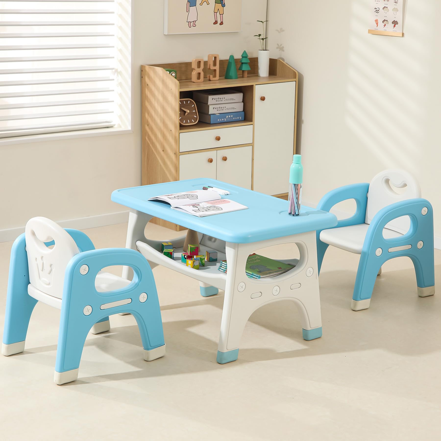 Kids Table and 2 Chairs Set, Toddlers Table and Chairs Set with Large Built-in Storage Shelf, Kids Activity Table for Reading, Drawing, Eating, Playing, with Anti-Slip Foot Covers, Blue