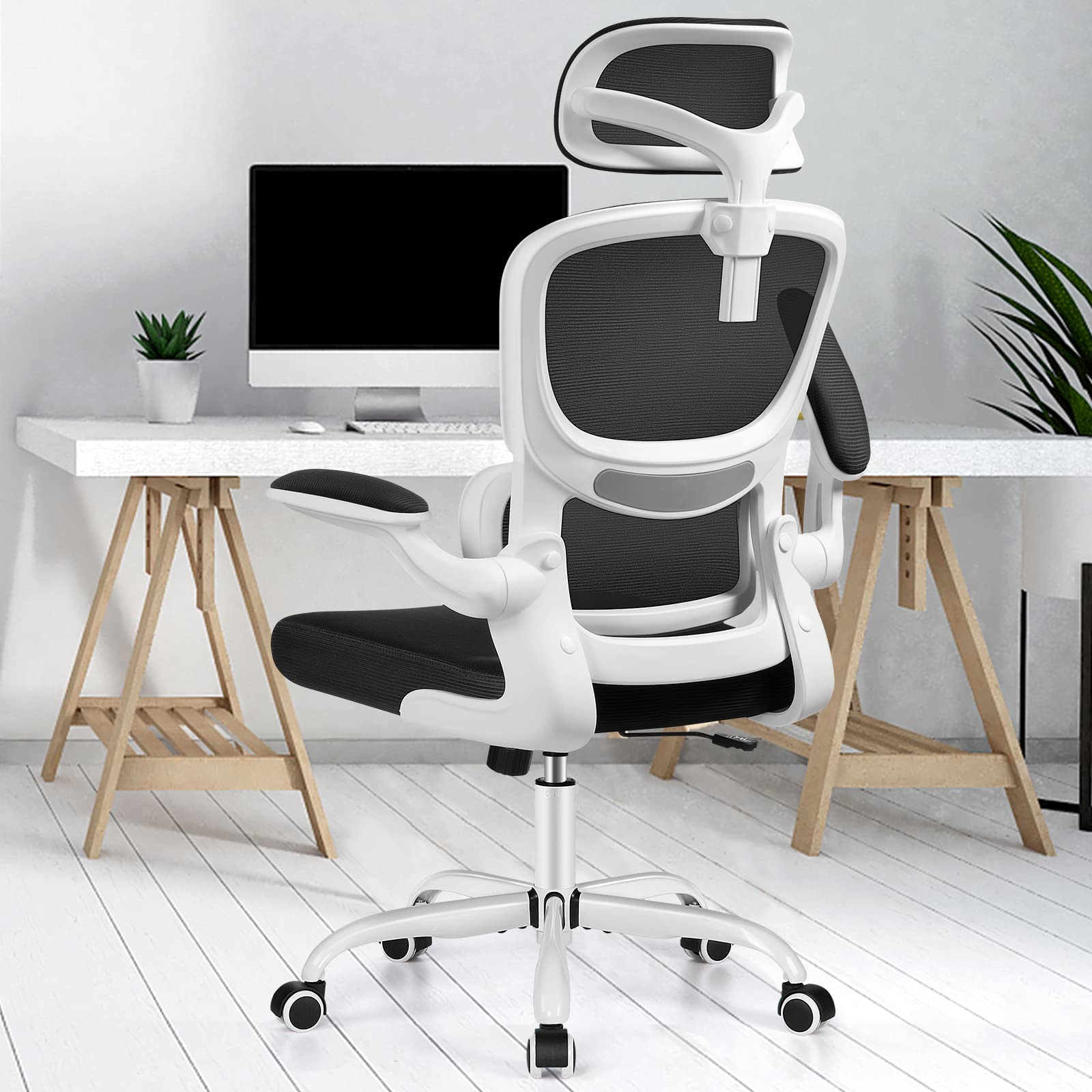 Ergonomic Office Chair, High Back Mesh Desk Chair with Lumbar Support and Adjustable Headrest, Computer Gaming Chair, Executive Swivel Chair for Home Office  Polyethylene