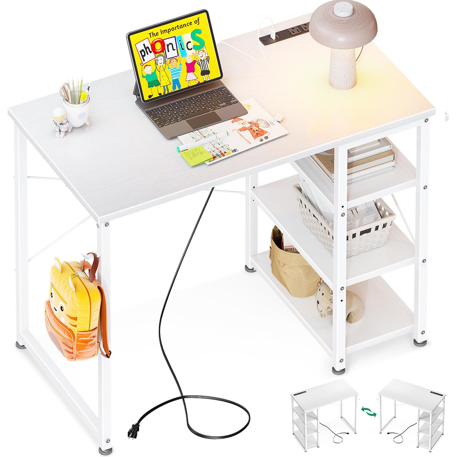 32 Inch Computer Desk Study Table, Home Office Desk with Power Outlet and USB & Type C Charging Port, Writing Desk with 3-Tier Reversible Storage Shelf (32&apos;&apos;x16&apos;&apos;, White)