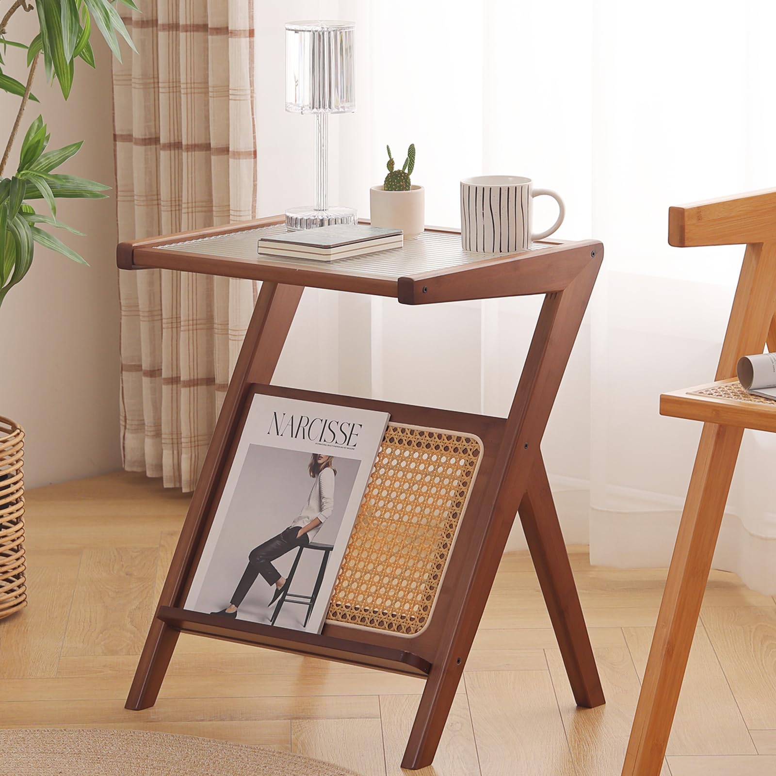 Rattan Side Table, Bamboo End Table, 14.4x17.7Inch Boho Nightstand Side Table, Glass Coffee Table with Storage, Accent Bedside Tables for Outdoor/Indoor (Walnut)